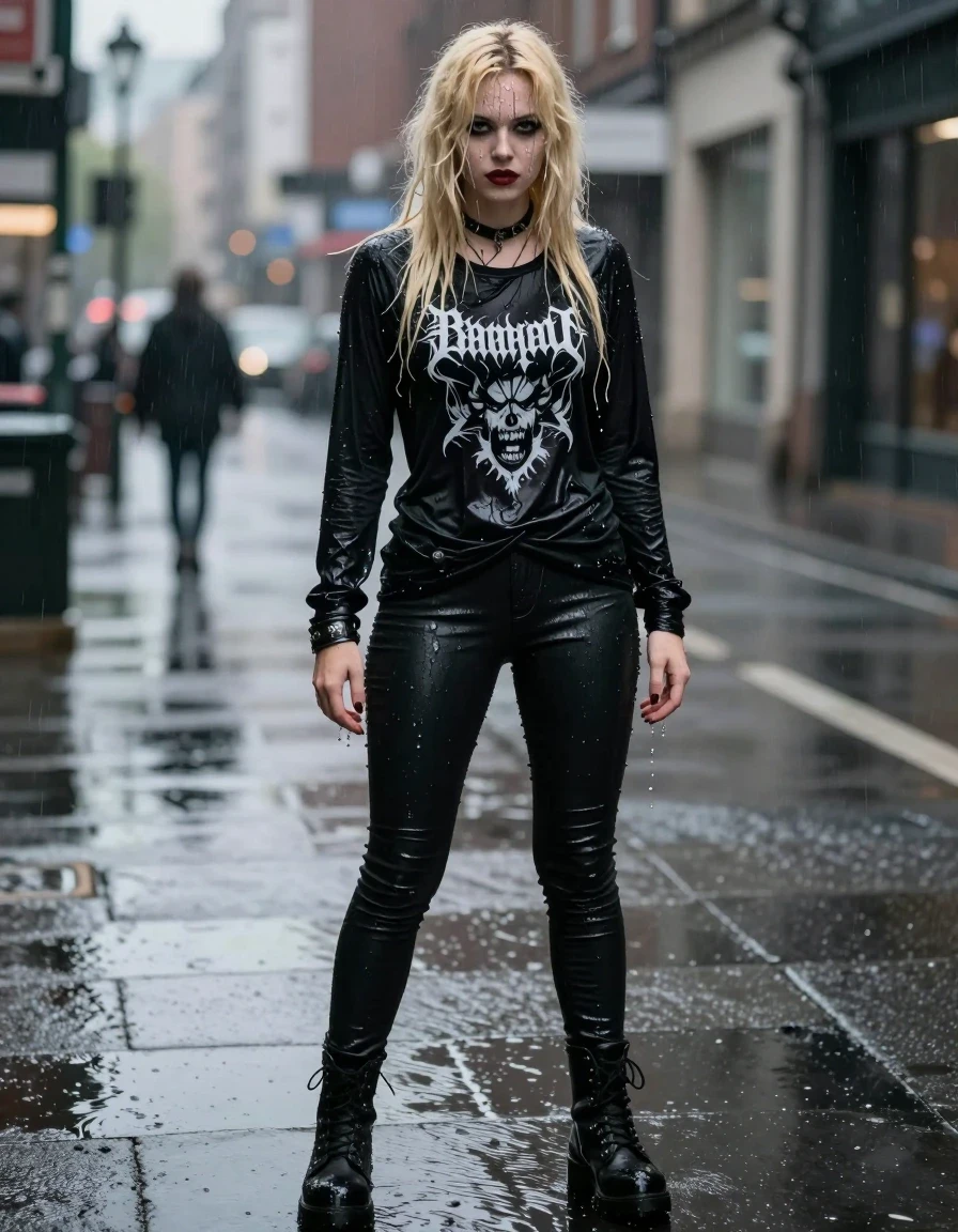photo of young woman, in soaking wet, drenched clothes,
goth boots, tight black pants, black longsleeve with band logo, city, 
enjoying, wet clothes stuck to body,
detailed textures of the wet clothes, wet face, wet plastered hair,
wet, drenched, professional, high-quality details, full body view.
sharp focus, ultra-high pixel detail, realistic, high-quality, full colors, incredibly detailed, 4k, 8k, 16k, hyper-realistic, RAW photo, masterpiece, ultra-detailed, professionally color graded, professional photograph, A photorealistic portrait of a beautiful young adult European metalhead woman with long blonde hair, standing in a rainy city street. She is completely drenched, with water droplets clinging to her skin and her hair matted and heavy with moisture. She is wearing a black longsleeve shirt featuring a weathered band logo, the fabric visibly dripping wet and glossy, and clinging to her body, paired with  black pants that  is dripping wet and glossy. She is wearing heavy goth boots, a leather collar, and metal bracelets. The atmosphere is moody and cinematic, with the rain creating a reflective, shimmering surface on the city pavement. Sharp focus, 8k resolution, highly detailed texture on fabric and skin, dramatic street lighting, hyper-realistic water effects., wet skin, wet clothes, damp fabric