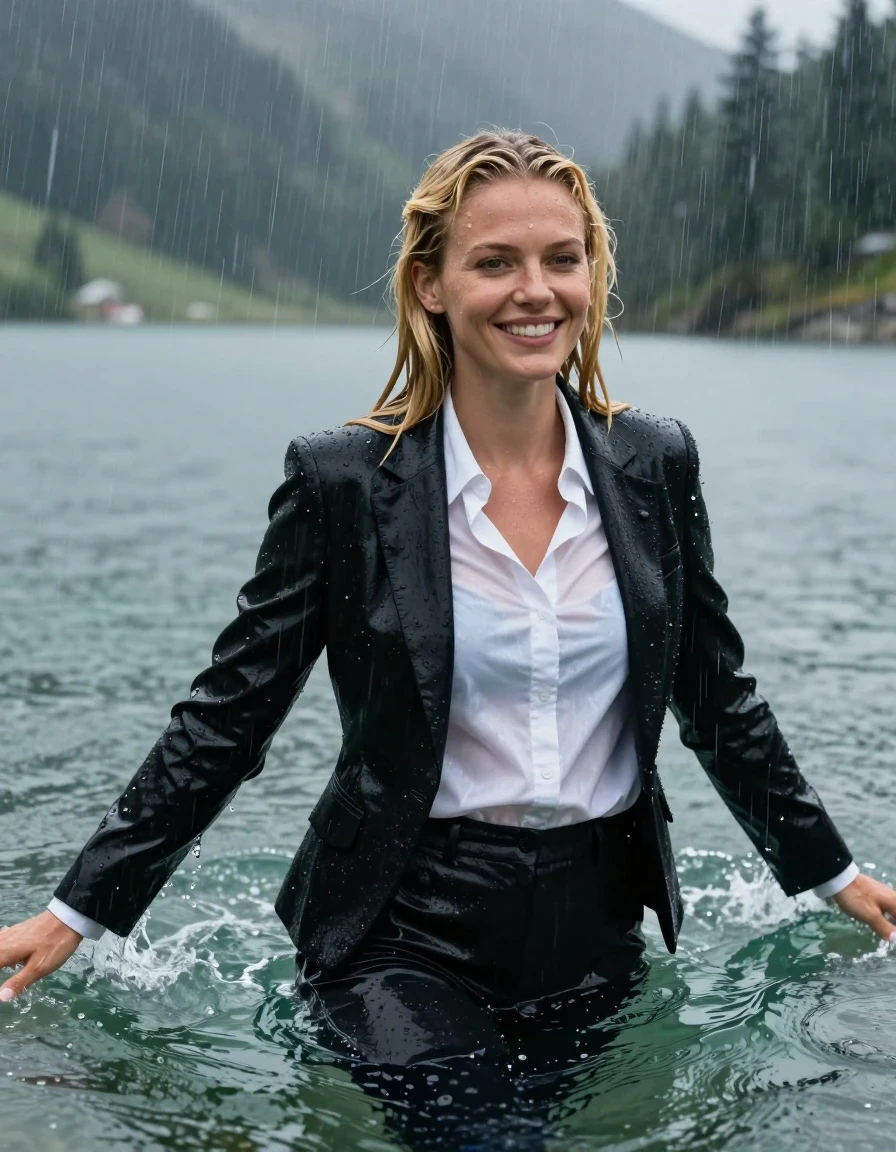 A photorealistic cinematic shot of a young adult European woman with long blonde hair styled in a side parting, completely submerged while swimming in a deep, clear mountain lake during a heavy rainstorm. She is fully clothed in a black business suit jacket worn open over a white long-sleeved button-down business shirt and black long business trousers. The fabric of her clothes is completely soaked, drenched, and heavy, clinging tightly to her body with realistic wet textures and translucent qualities. Her skin has a glistening wet sheen, and her hair is plastered to her face and shoulders. She is looking directly into the camera with a happy expression. The surrounding environment features a turbulent lake surface under a torrential downpour, with raindrops creating ripples and splashes. High-detail photography, hyper-realistic water physics, wetlook aesthetic, sharp focus on the subject, moody natural lighting, 8k resolution, professional color grading.