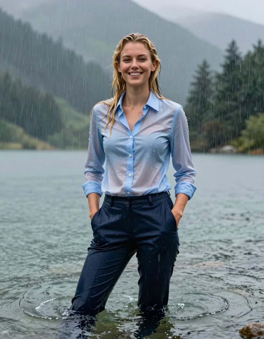 photo of young woman, in soaking wet, drenched clothes,
dark Blue Long Business Trouser, Light Blue button down business shirt longsleeve, Clear Mountain lake with heavy rain, heavy rainstorm, 
enjoying, wet clothes stuck to body,
detailed textures of the wet clothes, wet face, wet plastered hair,
wet, drenched, professional, high-quality details, full body view.
sharp focus, ultra-high pixel detail, realistic, high-quality, full colors, incredibly detailed, 4k, 8k, 16k, hyper-realistic, RAW photo, masterpiece, ultra-detailed, professionally color graded, professional photograph, 20 year young blonde girl, completely submerged, swimming in deep water, under a big rainshower, fully clothed, completely soaked, fully drenched, completely wet, wetlook, heavy rain, side parting, long hair, rain storm, looks happy into camera, wet skin, wet clothes, damp fabric, clinging to body, wet skin, wet clothes, damp fabric, wet skin, wet clothes, damp fabric, wet skin, wet clothes, damp fabric, translucend fabric,, wet skin, wet clothes, damp fabric, hands in pocket, wet skin, wet clothes, damp fabric