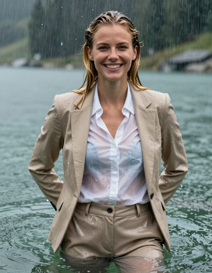 A photorealistic close-up shot of a young adult European woman with long blonde hair styled in a side parting, completely submerged while swimming in a deep, clear mountain lake during a heavy rainstorm. She is fully clothed in a beige business suit jacket worn open over a white long-sleeved button-down business shirt and beige long business trousers. Her clothes are completely soaked, heavily drenched, and clinging to her body, with the fabric appearing dark, translucent, and heavy with water. Her skin has a realistic wet sheen and damp texture. She maintains a happy expression, looking directly into the camera with her arms crossed behind her back, captured amidst the intense downpour with heavy rain droplets visible in the air and water surface. Cinematic lighting, high-contrast wetlook textures, hyper-detailed skin pores and fabric weave, 8k resolution, professional photography.