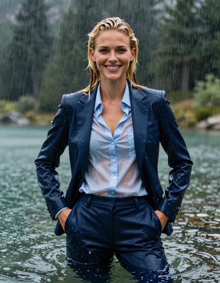 A photorealistic, high-detail shot of a young adult European blonde woman with a side-parted hairstyle, completely submerged and swimming in a deep, clear mountain lake during a torrential rainstorm. She is fully clothed in a dark blue business suit jacket worn open over a light blue button-down long-sleeve shirt, paired with matching dark blue long business trousers. Every garment is completely soaked, drenched, and heavy with water, exhibiting a distinct wetlook, with translucent, damp fabric clinging tightly to her skin and body contours. Her skin is glistening with a realistic water sheen, and her hair is wet and slicked. She is looking directly into the camera with a happy expression, hands tucked into her jacket pockets, with her arms crossed behind her back. The scene is set under a heavy, dramatic rainshower, with rain droplets visible in the air. High-contrast cinematic lighting, hyper-realistic textures, 8k resolution, professional photography, sharp focus on the subject's face and wet clothing textures.