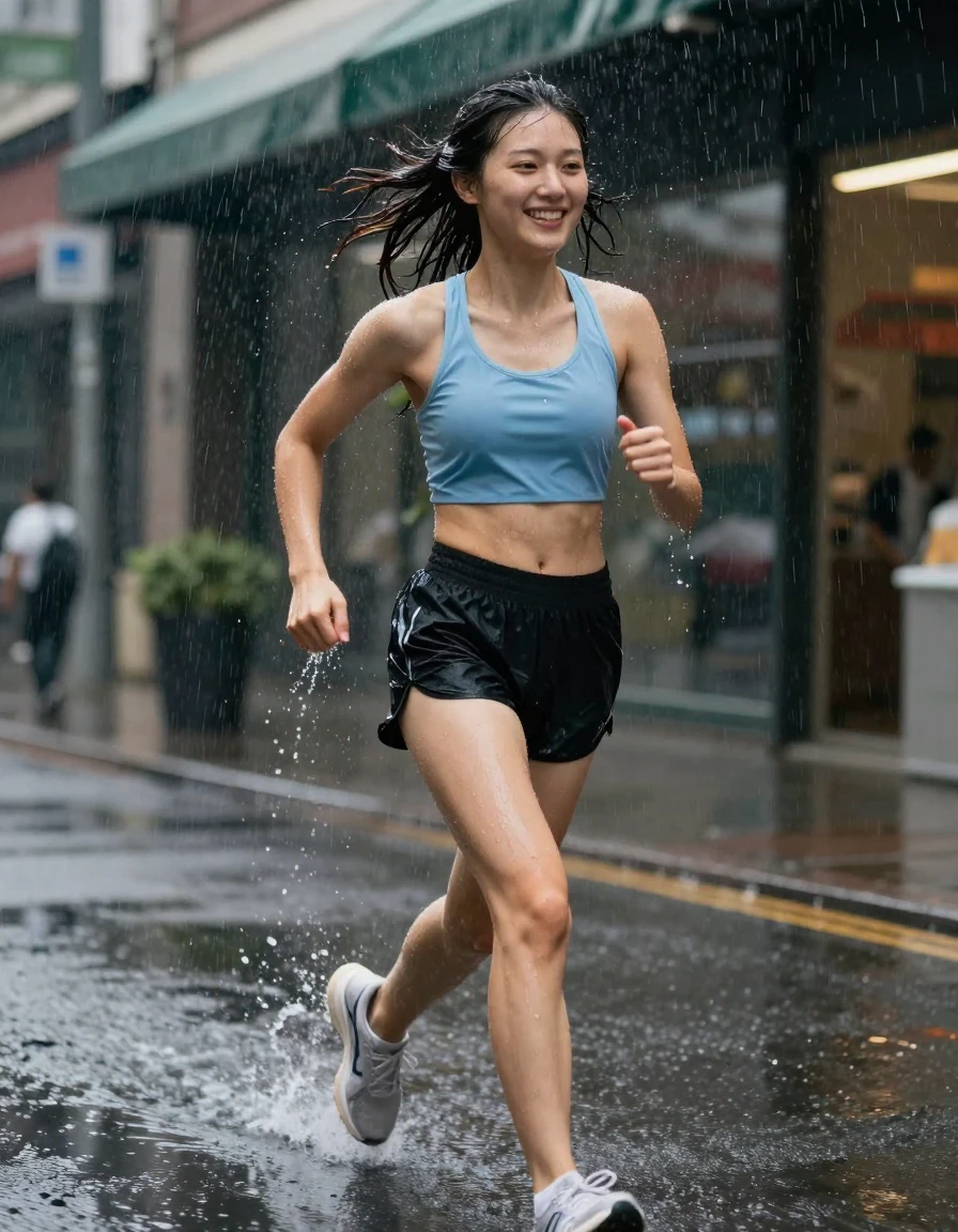 photo of young woman, in soaking wet, drenched clothes,
running shoes, black athletic shorts, light blue sport tank top, downtown, 
enjoying, wet clothes stuck to body,
detailed textures of the wet clothes, wet face, wet plastered hair,
wet, drenched, professional, high-quality details, full body view.
sharp focus, ultra-high pixel detail, realistic, high-quality, full colors, incredibly detailed, 4k, 8k, 16k, hyper-realistic, RAW photo, masterpiece, ultra-detailed, professionally color graded, professional photograph, caught on sudden rainstorm drenched by cascading water from awning smiling slicked hair, wet skin, wet clothes, damp fabric