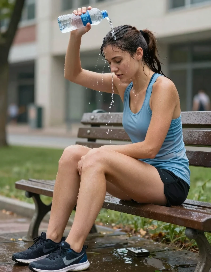 photo of young woman, in soaking wet, drenched clothes,
running shoes, black athletic shorts, light blue sport tank top, downtown, 
enjoying, wet clothes stuck to body,
detailed textures of the wet clothes, wet face, wet plastered hair,
wet, drenched, professional, high-quality details, full body view.
sharp focus, ultra-high pixel detail, realistic, high-quality, full colors, incredibly detailed, 4k, 8k, 16k, hyper-realistic, RAW photo, masterpiece, ultra-detailed, professionally color graded, professional photograph, white woman with brunette hair in a ponytail sitting on park bench cooling off post workout dousing hair by pouring water from bottle onto drenched hair water dripping from face, wet skin, wet clothes, damp fabric