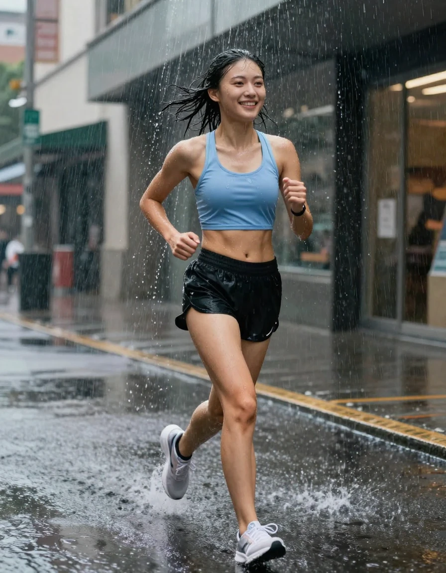 photo of young woman, in soaking wet, drenched clothes,
running shoes, black athletic shorts, light blue sport tank top, downtown, 
enjoying, wet clothes stuck to body,
detailed textures of the wet clothes, wet face, wet plastered hair,
wet, drenched, professional, high-quality details, full body view.
sharp focus, ultra-high pixel detail, realistic, high-quality, full colors, incredibly detailed, 4k, 8k, 16k, hyper-realistic, RAW photo, masterpiece, ultra-detailed, professionally color graded, professional photograph, caught on sudden rainstorm drenched standing under cascading water from awning smiling slicked hair, wet skin, wet clothes, damp fabric