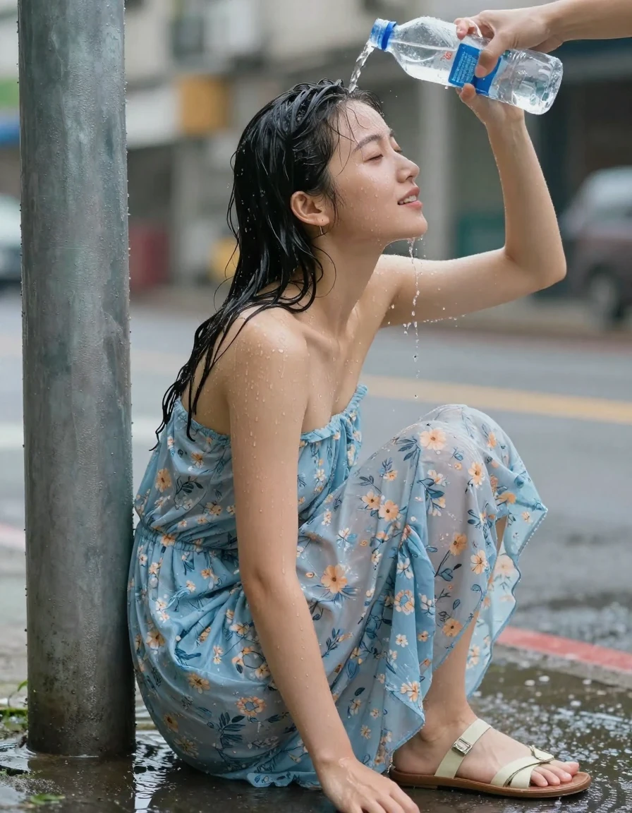 photo of young woman, in soaking wet, drenched clothes,
sandals, , light blue floral strapless summer dress, downtown, 
enjoying, wet clothes stuck to body,
detailed textures of the wet clothes, wet face, wet plastered hair,
wet, drenched, professional, high-quality details, full body view.
sharp focus, ultra-high pixel detail, realistic, high-quality, full colors, incredibly detailed, 4k, 8k, 16k, hyper-realistic, RAW photo, masterpiece, ultra-detailed, professionally color graded, professional photograph, slicked hair leaning against a post cooling off during heatwave dousing hair by pouring water from bottle over her head directly onto her drenched hair, wet skin, wet clothes, damp fabric