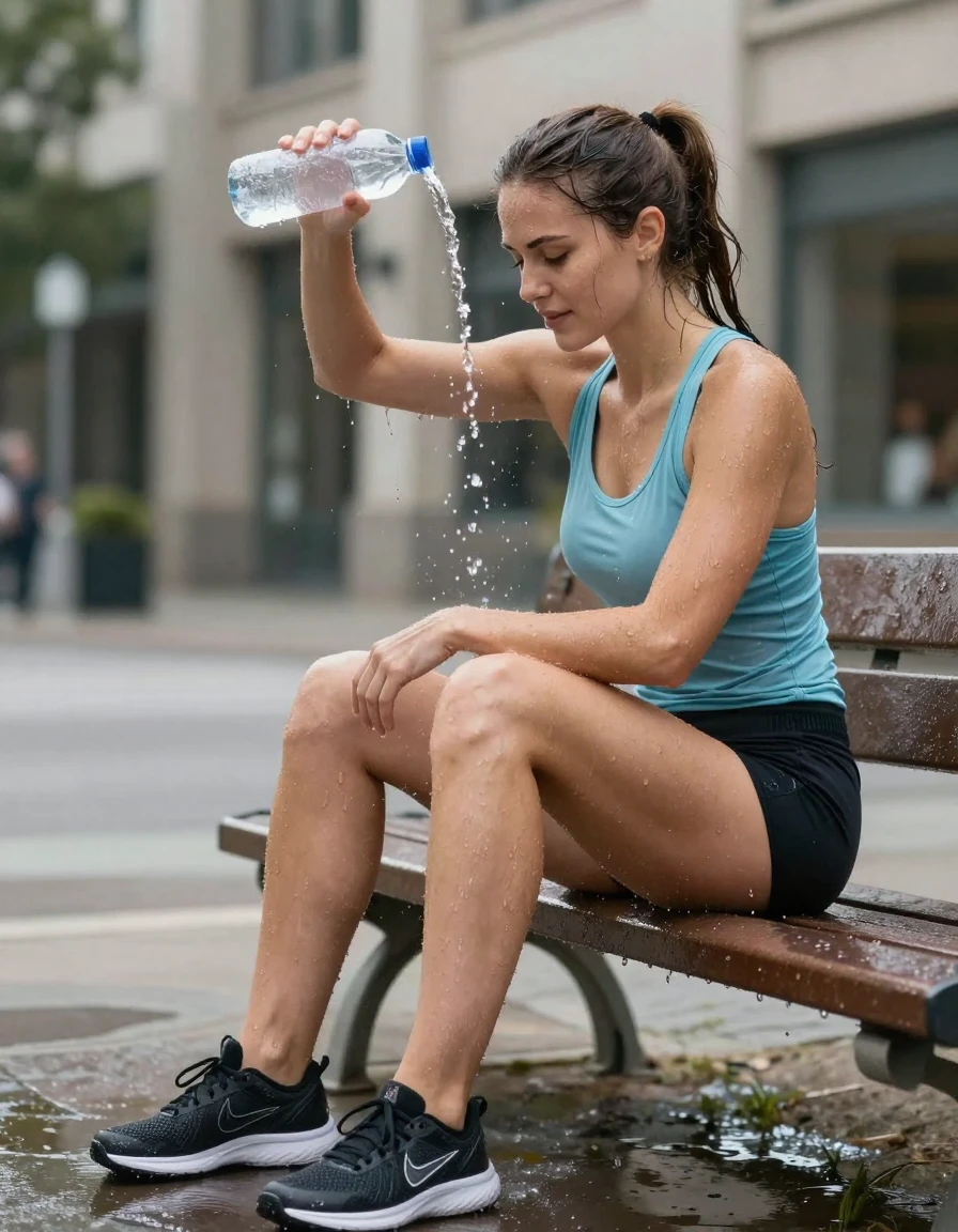 photo of young woman, in soaking wet, drenched clothes,
running shoes, black athletic shorts, light blue sport tank top, downtown, 
enjoying, wet clothes stuck to body,
detailed textures of the wet clothes, wet face, wet plastered hair,
wet, drenched, professional, high-quality details, full body view.
sharp focus, ultra-high pixel detail, realistic, high-quality, full colors, incredibly detailed, 4k, 8k, 16k, hyper-realistic, RAW photo, masterpiece, ultra-detailed, professionally color graded, professional photograph, white woman with brunette hair in a ponytail sitting on park bench post workout rinsing hair pouring water from bottle drenched hair water dripping from face, wet skin, wet clothes, damp fabric
