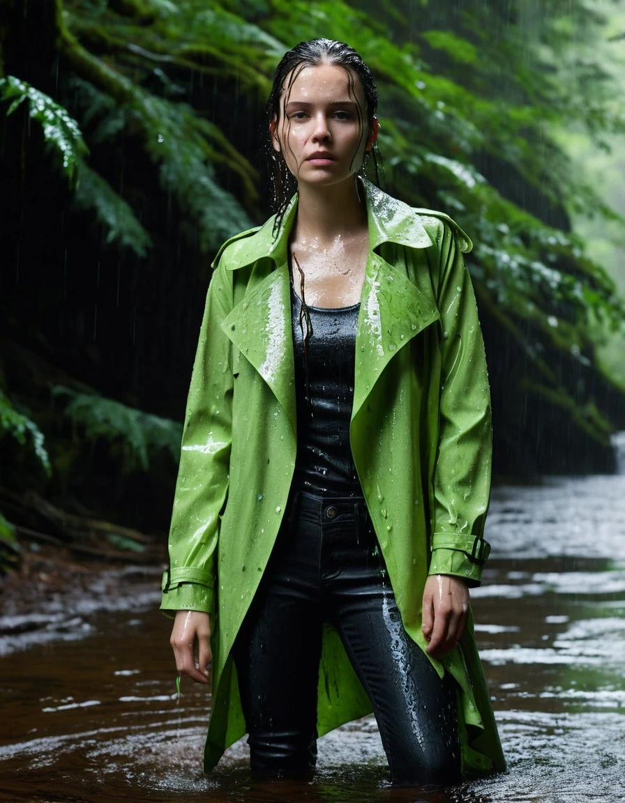 professional photo of young woman, in soaking wet, drenched clothes, wet clothes stuck to body, detailed textures of the wet clothes, wet face, wet plastered hair, wet skin, damp fabric, streaming raindrops, fabric transparency, high-contrast water cling, water dripping from hem, wearing a water-drenched neon green oversize t-shirt, black leather jacket, black trench coat, skin tight black leather jeans, saturated, black leather ankle boots, soaked and glistening, standing in a waterfall in a forest, water pouring over, heavy rain, storm aftermath atmosphere, cinematic lighting, close up, sharp focus, photorealistic, ultra-detailed fabric texture, realistic colors, RAW photo, professionally color graded