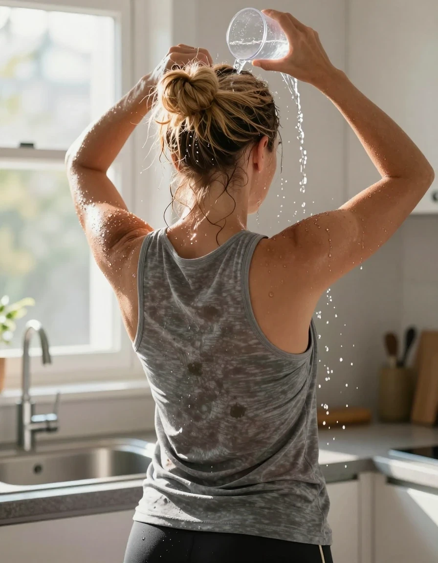 A photorealistic back view of a mid-30s strawberry-blonde woman with hair pulled up into a messy bun, standing in a sunlit kitchen in front of a sink. She is wearing a medium gray tank top and black athletic shorts. In a candid moment of cooling off on a hot day, she is pouring water from a plastic cup onto the crown of her dry hair. Visible streams of water flow down her hair and over her shoulders, causing the fabric of the gray tank top to become partially wet, darkened, and clinging to her skin with realistic folds and saturated textures. Her hair is partially soaked, with individual wet strands and droplets catching the light. Bright sunshine streams through a nearby window, illuminating the water droplets and creating a high-contrast, atmospheric scene. The image is captured with sharp focus, realistic skin textures, and high-fidelity rendering of wet fabric and flowing water.
