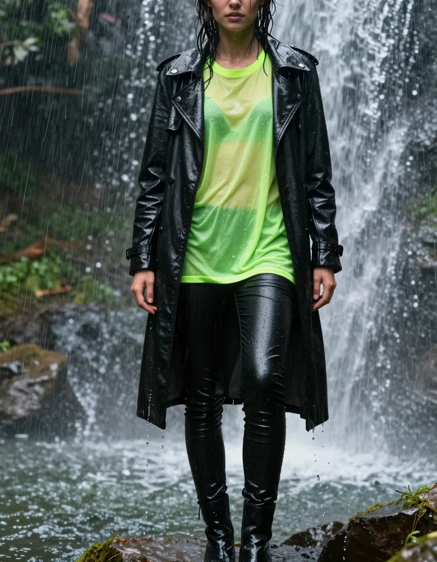 A photorealistic close-up of a young adult European woman standing in a lush forest waterfall during a heavy rainstorm. She is wearing a water-drenched neon green oversize t-shirt that displays subtle fabric transparency, layered under a saturated black leather jacket and a heavy, soaked black trench coat. She is wearing skin-tight black leather jeans that are completely saturated, clinging to her legs, and black leather ankle boots that are soaked and glistening. The scene features heavy water pouring over her, with streaming raindrops, high-contrast water cling, and visible water dripping from the hems of her garments. Her skin and hair are visibly wet, with a realistic water sheen and heavy, damp fabric texture. The atmosphere is that of a storm aftermath with cinematic lighting, 8k resolution, and hyper-detailed textures. No nudity, no lingerie, no swimwear, no dry clothes, no indoor settings, no sunset, no night, no blur, no illustrations, and no cartoons.