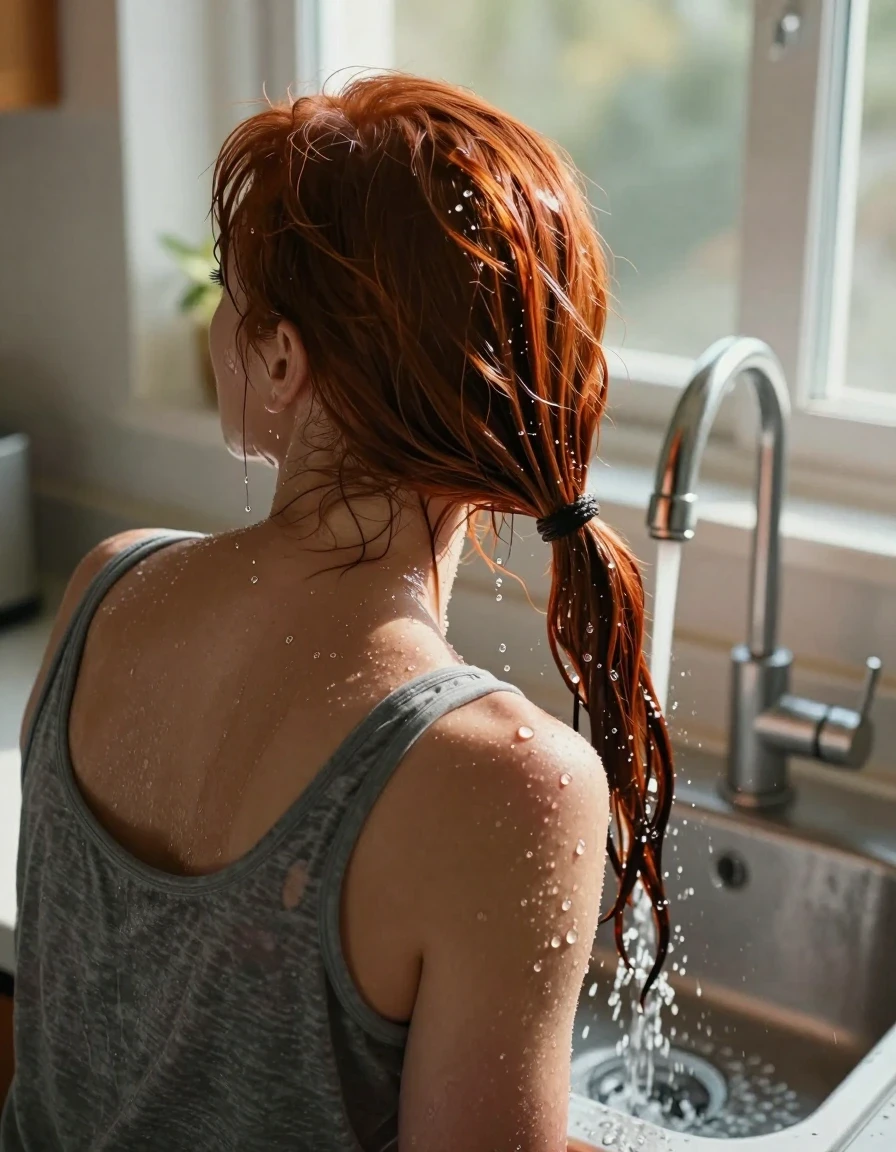 A cinematic behind-the-shoulder overhead view of a mid-30s European woman with vibrant red hair tied in a ponytail, standing in a sunlit kitchen. She is leaning deep into the sink basin, her head positioned directly under the faucet. A continuous stream of water pours from the tap onto the back of her hair, drenching it completely. The hair is heavy, saturated, and dark with water, with glistening droplets and streams of water cascading over her hair, neck, and face, splashing into the sink. She is wearing a medium heather gray tank top, which is soaked through at the shoulders and upper back, causing the fabric to darken, cling to her skin, and show realistic wet texture and folds. Bright, natural sunshine streams through a nearby window, illuminating the water droplets and creating a sharp, high-contrast sheen on the wet surfaces. Hyper-realistic, 8k resolution, detailed skin texture, fluid water physics, authentic wet-look aesthetic.