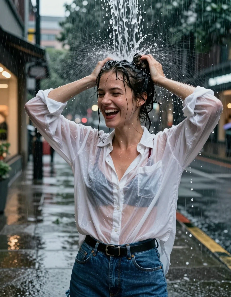 A photorealistic waist-up shot of a young adult European brunette woman with her hair styled in a messy bun, standing on an urban sidewalk at night during a heavy downpour. She is positioned directly under a deluge of water gushing from a rooftop drainpipe, with the water pouring onto her head and dripping off her hair bun. She has a joyful expression, captured in mid-laughter with her hands raised, head turned slightly to the side. Her skin is glistening with water droplets, and her hair is completely soaked. She wears an oversized white cotton button-down shirt that is translucent from heavy saturation, clinging to her skin and revealing a dark burgundy bra underneath. She wears a blue denim skirt cinched with a black leather belt. The background features blurred city storefronts with glowing lights reflecting on the rain-slicked pavement. The lighting is moody and cinematic, emphasizing the sheen of wet surfaces, the heavy texture of the soaked fabric, and the dramatic splashing of water. High resolution, 8k, sharp focus on the subject, intricate water droplets, realistic skin texture.