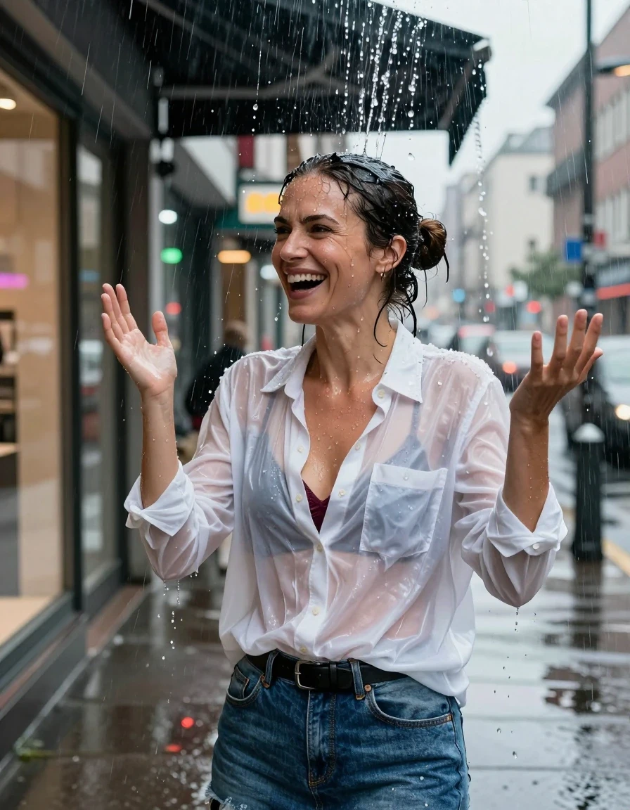 A waist-up photorealistic shot of a mid-30’s brunette woman with her hair styled in a bun, standing on an urban sidewalk at night during a heavy rainstorm. She is positioned directly under the edge of a store awning, caught in a sudden, intense deluge of water pouring from the roof onto her, causing her hair to be completely drenched and dripping, with water droplets streaming down her face and neck. She has an expression of surprised laughter, hands raised instinctively, head turned slightly to the side. She wears an oversized, translucent white cotton button-down shirt that is heavily soaked and clinging to her body, revealing a maroon bra underneath, paired with a denim skirt held by a black leather belt. The clothing is visibly saturated, clinging to her skin with deep, wet texture and realistic fabric folds. The background features blurred city store windows and neon signage reflected on the wet pavement. High-contrast cinematic lighting, hyper-detailed skin texture, water sheen, realistic wet hair strands, 8k resolution, sharp focus on the subject, captured with a fast shutter speed to freeze the falling water.