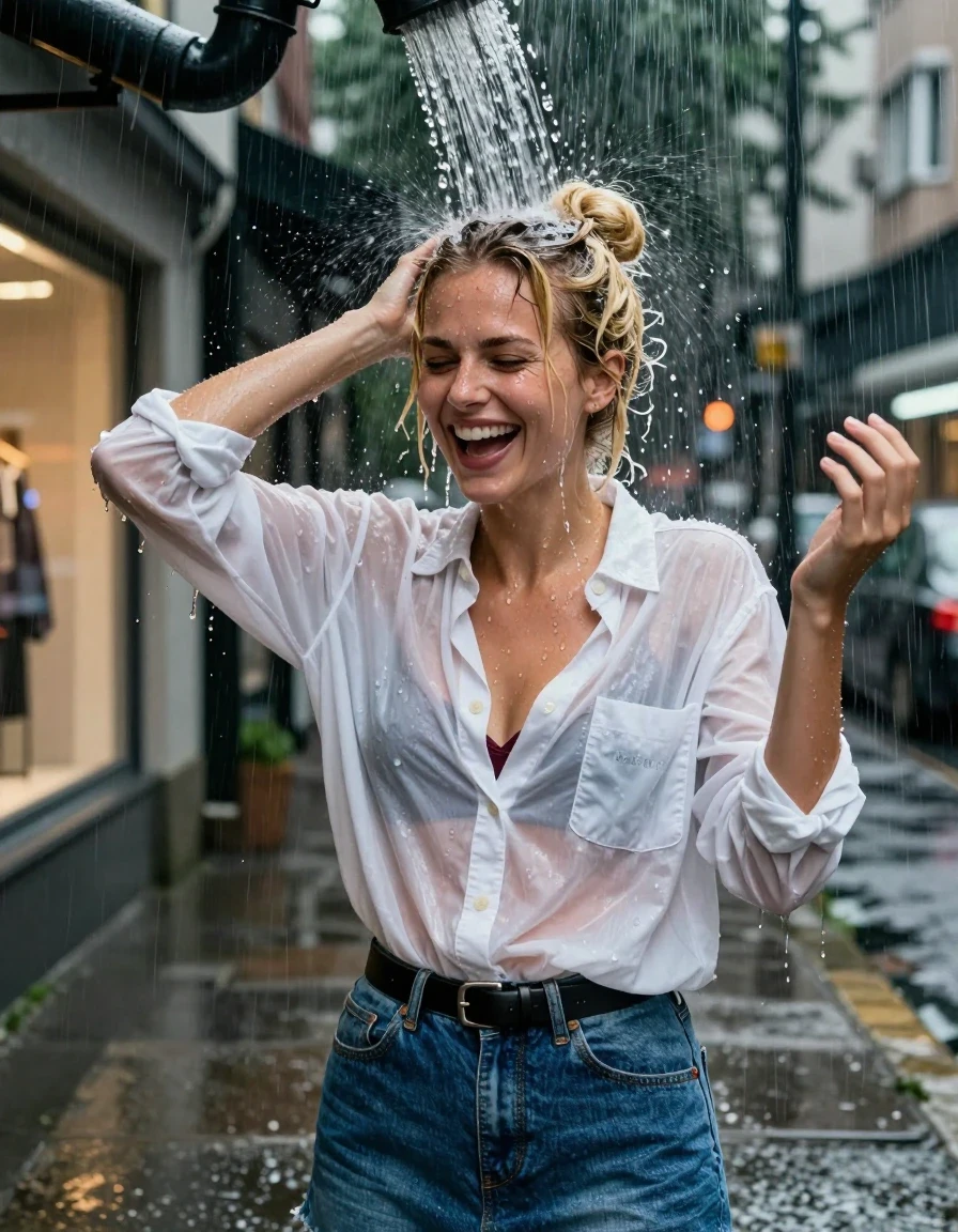 A photorealistic waist-up shot of a young adult European woman with blonde hair styled in a messy bun, standing on an urban sidewalk at night during a heavy downpour. She is positioned directly under a deluge of water pouring from a rooftop drainpipe, which cascades onto her head, soaking her hair and skin, with visible water droplets and rivulets dripping off her bun and skin. She wears a white oversized cotton button-down shirt that is heavily saturated, translucent, and clinging to her body, revealing a burgundy bra underneath. She is also wearing a blue denim skirt with a black leather belt. Her expression is one of genuine laughter with her head turned slightly to the side and her hands raised in the air. The background features blurred city stores with glowing lights reflecting on the wet pavement. High-contrast cinematic lighting, hyper-realistic wet texture on fabric and skin, 8k resolution, detailed water physics, sharp focus on the subject, wetlook aesthetics.