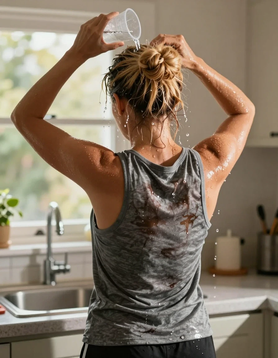 A hyper-realistic back view of a mid-30s European woman with dirty-blonde hair styled in a messy bun, standing in a sun-drenched kitchen in front of a sink. She is wearing a medium gray tank top and black athletic shorts. She is captured in the act of pouring water from a plastic cup onto the crown of her head to cool off on a hot day. Visible streams of water cascade down her hair and over her gray tank top, creating realistic wet patches, darkening the fabric, and causing the material to cling to her back. The wet hair appears heavy and saturated with shimmering water droplets. The scene is illuminated by bright, warm sunshine streaming through a nearby window, highlighting the glistening water sheen on her skin and clothing. Cinematic lighting, high-resolution photography, sharp focus on the texture of wet fabric and flowing water, 8k, detailed skin pores.