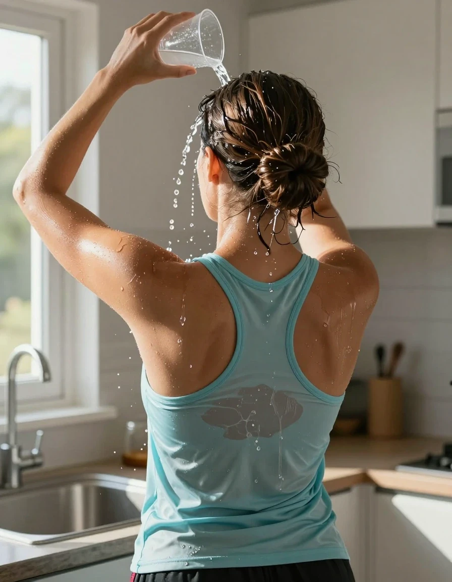 A photorealistic back view of a mid-30s European woman with brunette hair styled in a neat bun, standing in a sunlit kitchen in front of a sink. She is wearing a light blue tank top and black athletic shorts. In a moment of cooling off on a hot day, she is pouring water from a clear plastic cup directly onto the crown of her hair. Streams of glistening water are captured mid-flow, cascading down her hair and soaking into the fabric of her light blue tank top, creating realistic dark, translucent wet patches where the fabric clings to her back. Her hair shows a realistic wet texture with individual strands clumped by moisture, and water droplets catch the bright sunshine streaming through a nearby window. High-detail skin textures, natural lighting, cinematic composition, 8k resolution, sharp focus on the water flow and wet fabric interaction.