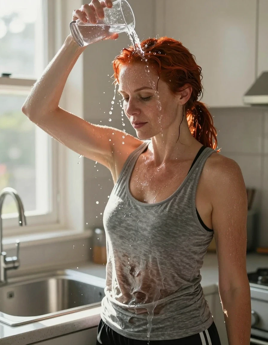 A hyper-realistic, high-detail portrait of a mid-30s European woman with vibrant red hair tied back in a sleek ponytail, standing in a sun-drenched kitchen next to a stainless steel sink. She is captured in the act of cooling off on a hot day, pouring a stream of water from a clear plastic cup directly onto the crown of her head. The water cascades down her hair and over her medium heather gray tank top, creating realistic wet patches that darken the fabric, showing clinging texture and saturation where the water has soaked through. She is wearing black athletic shorts. The scene is illuminated by bright, natural sunshine streaming through a nearby window, catching the water droplets in mid-air and creating a shimmering sheen on her damp skin and hair. The focus is on the tactile quality of the water, the weight of the soaked fabric, and the refreshing expression on her face. 8k resolution, cinematic lighting, shallow depth of field, sharp focus on water textures and fabric folds.