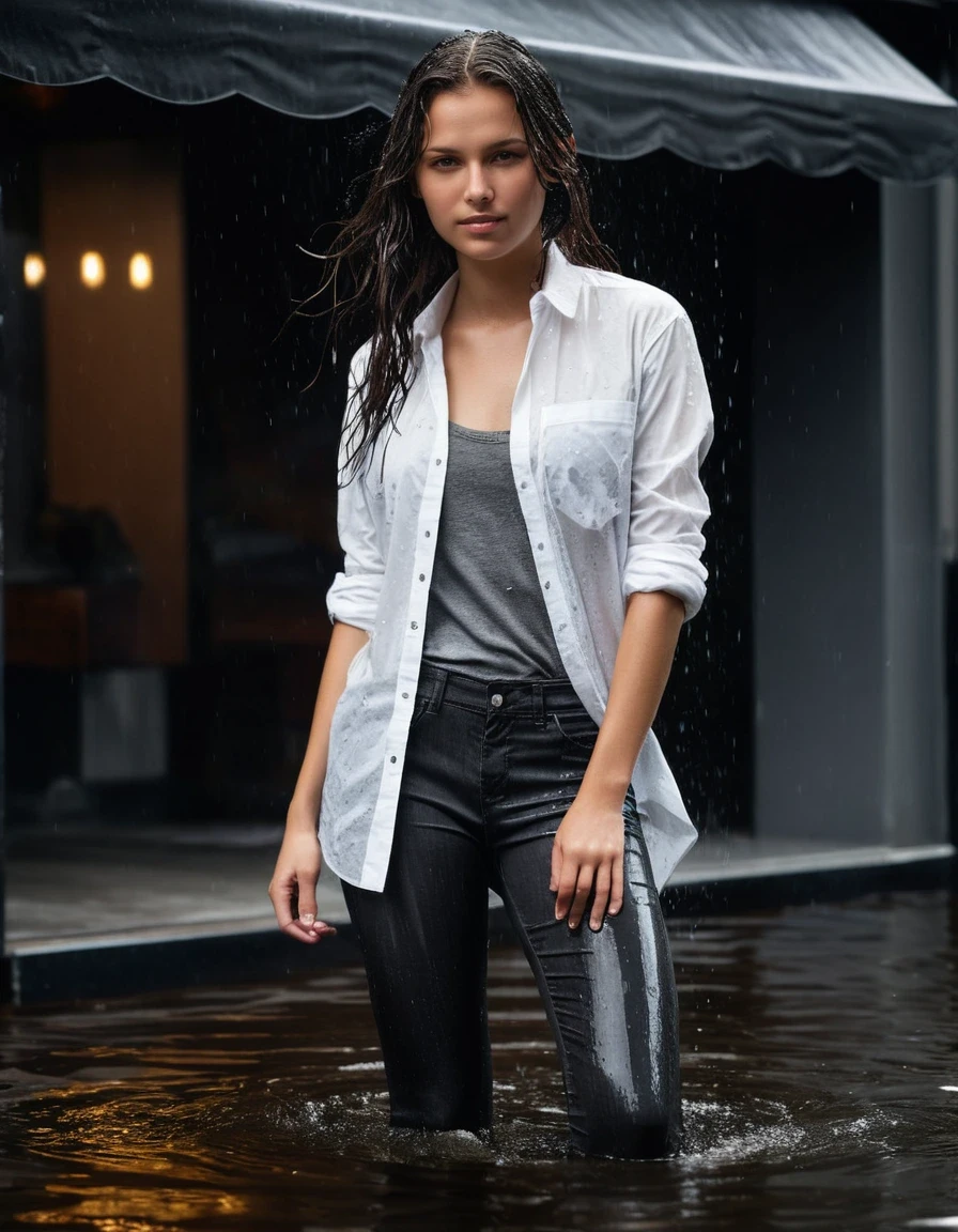 professional photo of young woman, in soaking wet, drenched clothes, wet clothes stuck to body, detailed textures of the wet clothes, wet face, wet plastered hair, wet, drenched, wet skin, damp fabric, wearing a white oversized cotton button-down shirt, translucent from saturation, with a black bra underneath, charcoal grey skinny denim jeans, dark saturated tone, black rubber rain boots with glossy finish, standing next to an urban storefront awning caught in a sudden burst of water from a rooftop drainpipe, surprised laughter, full body view, detailed fabric texture, sharp focus, photorealistic, ultra-detailed fabric texture, realistic colors, RAW photo, professionally color graded