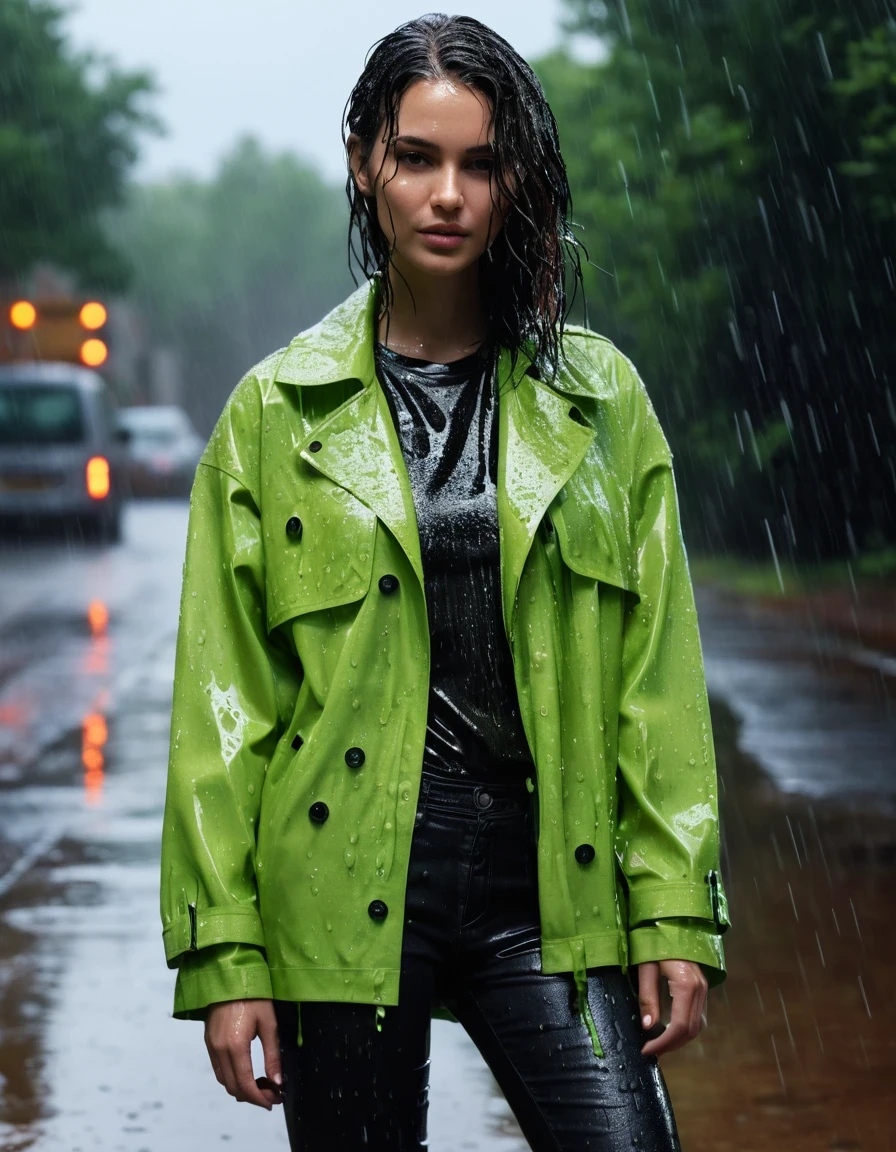 photo of young woman, in soaking wet, drenched clothes,
Black leather ankle boots, soaked and glistening , skin tight black leather jeans, saturated, water-drenched neon green oversize t-shirt, black leather jacket, saturated, black trench coat, standing in heavy rain, drenched, close up, 
enjoying, wet clothes stuck to body,
detailed textures of the wet clothes, wet face, wet plastered hair,
wet, drenched, professional, high-quality details, full body view.
sharp focus, ultra-high pixel detail, realistic, high-quality, full colors, incredibly detailed, 4k, 8k, 16k, hyper-realistic, RAW photo, masterpiece, ultra-detailed, professionally color graded, professional photograph, streaming raindrops, fabric transparency, high-contrast water cling, cinematic lighting, photorealistic, 8k, water dripping from hem, storm aftermath atmosphere, wet skin, wet clothes, damp fabric, wet skin, wet clothes, damp fabric