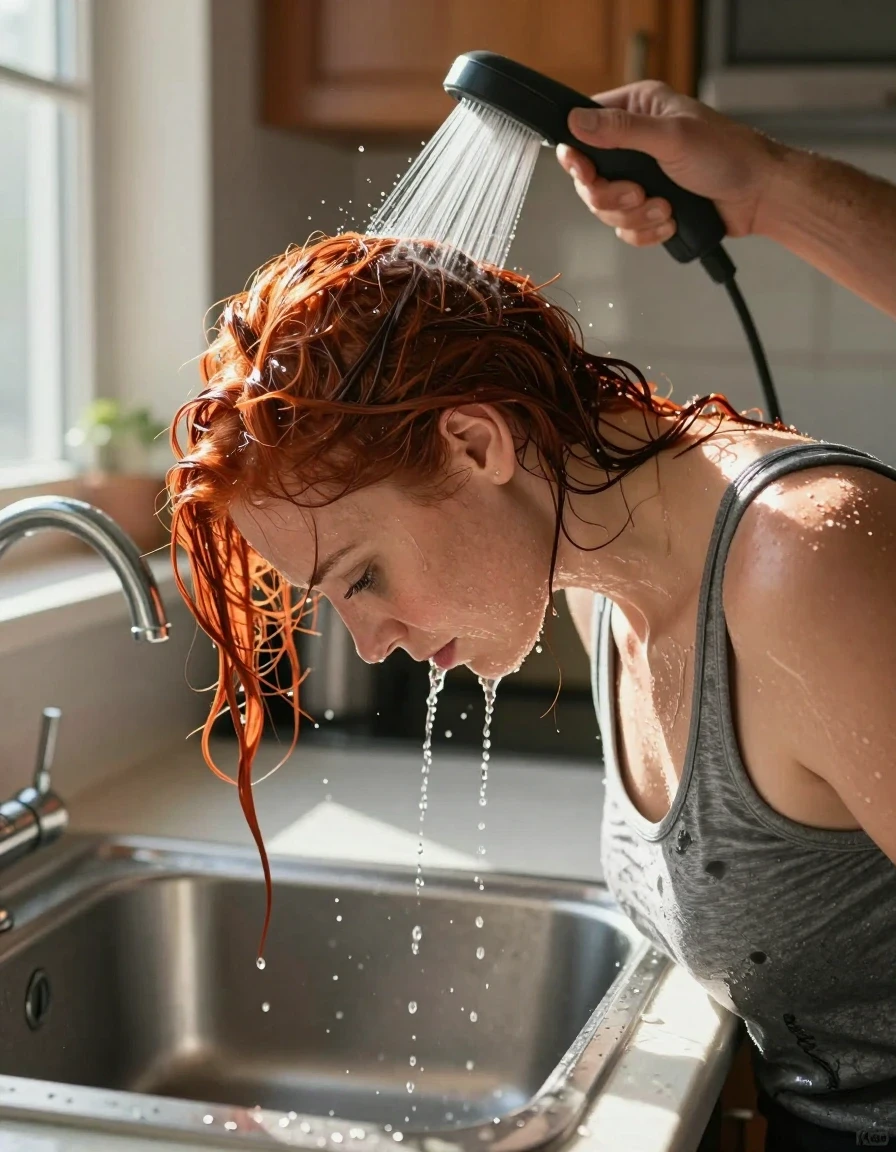 A photorealistic side head-and-shoulders view of a mid-30’s European woman with vibrant red hair, wearing a medium heather gray tank top. The woman is leaning her head face down deep into a kitchen sink basin. A man’s hand enters the frame, holding a sink sprayer pointed at the top back of her head, drenching her hair with a steady stream of water. The hair is visibly saturated, heavy, and dripping, with individual strands clinging to her scalp and neck. Her gray tank top is darkened and clinging to her skin where splashed with water, showing realistic wet fabric texture and sheen. The scene is set in a sunlit kitchen, with bright, warm sunshine streaming through a nearby window, creating a high-contrast rim light on her wet hair and skin. 8k resolution, cinematic lighting, highly detailed water droplets, realistic skin texture, sharp focus on the interaction between the water and hair.