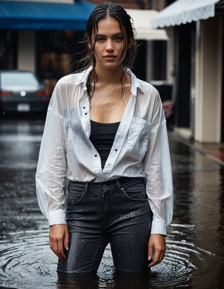 professional photo of young woman, in soaking wet, drenched clothes, wet clothes stuck to body, detailed textures of the wet clothes, wet face, wet plastered hair, wet, drenched, wet skin, damp fabric, wearing a white oversized cotton button-down shirt, translucent from saturation, black bra underneath, charcoal grey skinny denim jeans, dark saturated tone, black rubber rain boots, glossy finish, standing next to an awning, caught in a sudden deluge of water from a rooftop drainpipe, surprised laughter, urban sidewalk with stores on the background, full body view, sharp focus, photorealistic, ultra-detailed fabric texture, realistic colors, RAW photo, professionally color graded