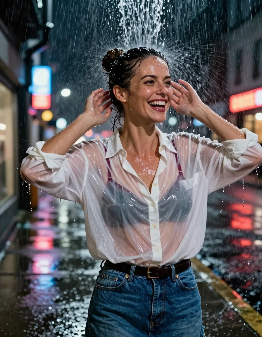 A waist-up photorealistic shot of a mid-30s brunette woman with her hair styled in a sleek bun, standing on an urban sidewalk at night during a heavy rainstorm. She is positioned directly under a deluge of water pouring from a rooftop drainpipe, the water cascading over her head and shoulders. Her white oversized cotton button-down shirt is completely drenched, becoming translucent from the heavy saturation to reveal a burgundy bra underneath. She is wearing a blue denim skirt cinched with a black leather belt. Her expression is one of joyful laughter, hands raised near her face, head turned slightly to the side as water droplets bead and stream off her soaked hair bun and skin. The atmosphere is dark and cinematic, illuminated by the vibrant neon signs of city stores in the background reflected on the wet pavement. The fabric of her shirt is heavy, clinging to her skin with realistic wet texture and deep shadows, emphasizing the drenched look. High-shutter speed photography, sharp focus on facial features, water droplets suspended in air, hyper-realistic skin texture, wet-look aesthetic, 8k resolution, professional lighting.