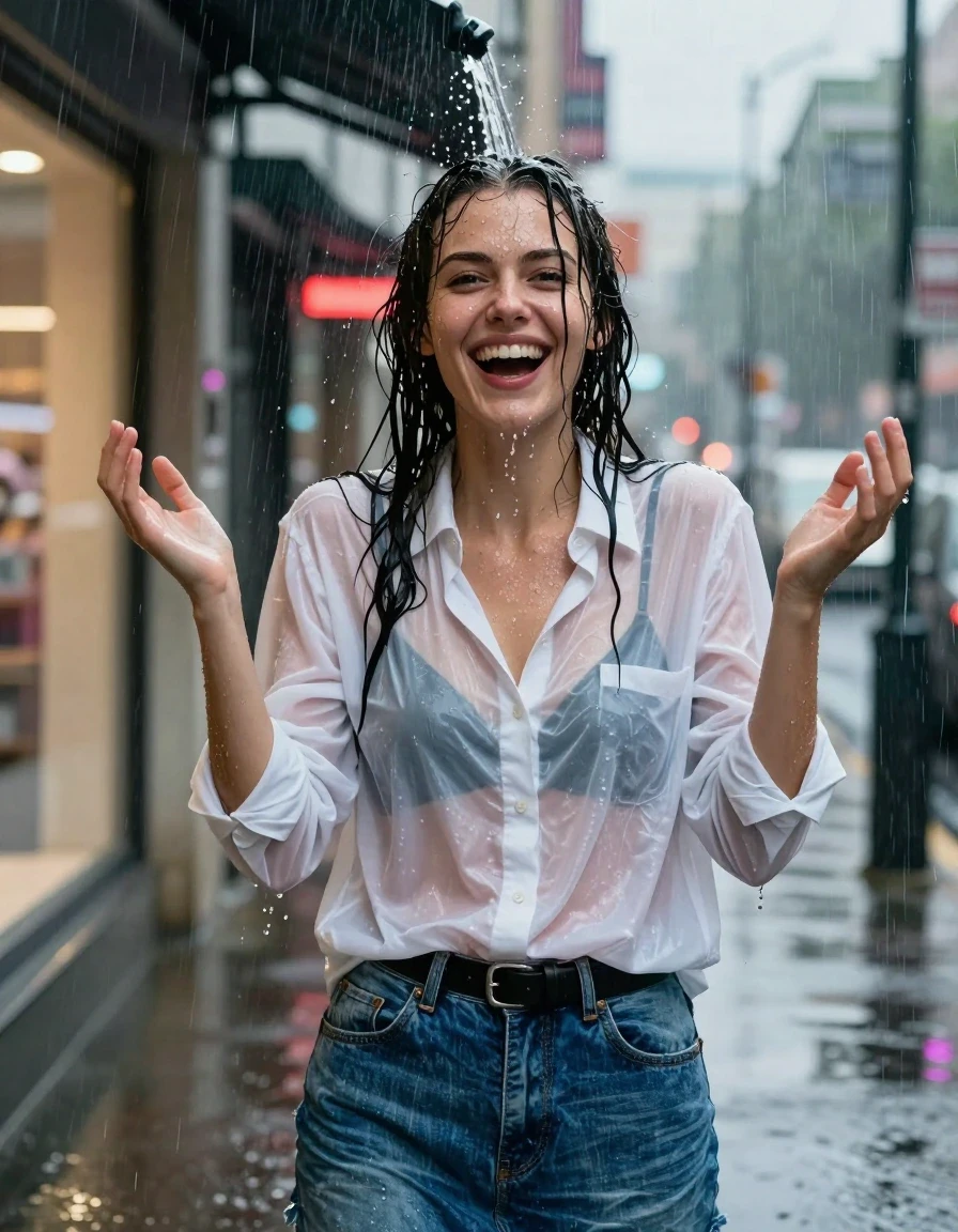 A high-detail waist-up photorealistic shot of a young adult European woman standing on an urban sidewalk at night during a heavy rainstorm. She is caught in a sudden, intense deluge of water pouring directly from the edge of a store awning onto her head. Her hair is completely drenched, dark, and plastered to her scalp and neck, with water droplets cascading down her face and shoulders. She has a look of surprised laughter, with her hands raised instinctively. She is wearing an oversized white cotton button-down shirt that has become translucent and heavy from the saturation, clearly showing a black bra underneath, paired with a blue denim skirt cinched by a black leather belt. The fabric of her shirt is clinging to her skin, showing realistic wet texture and deep folds. The background features blurred city store windows and wet pavement reflecting the neon street lights. Cinematic lighting, sharp focus on the subject, water sheen on skin, hyper-realistic wet clothing, 8k resolution, captured on 35mm lens.