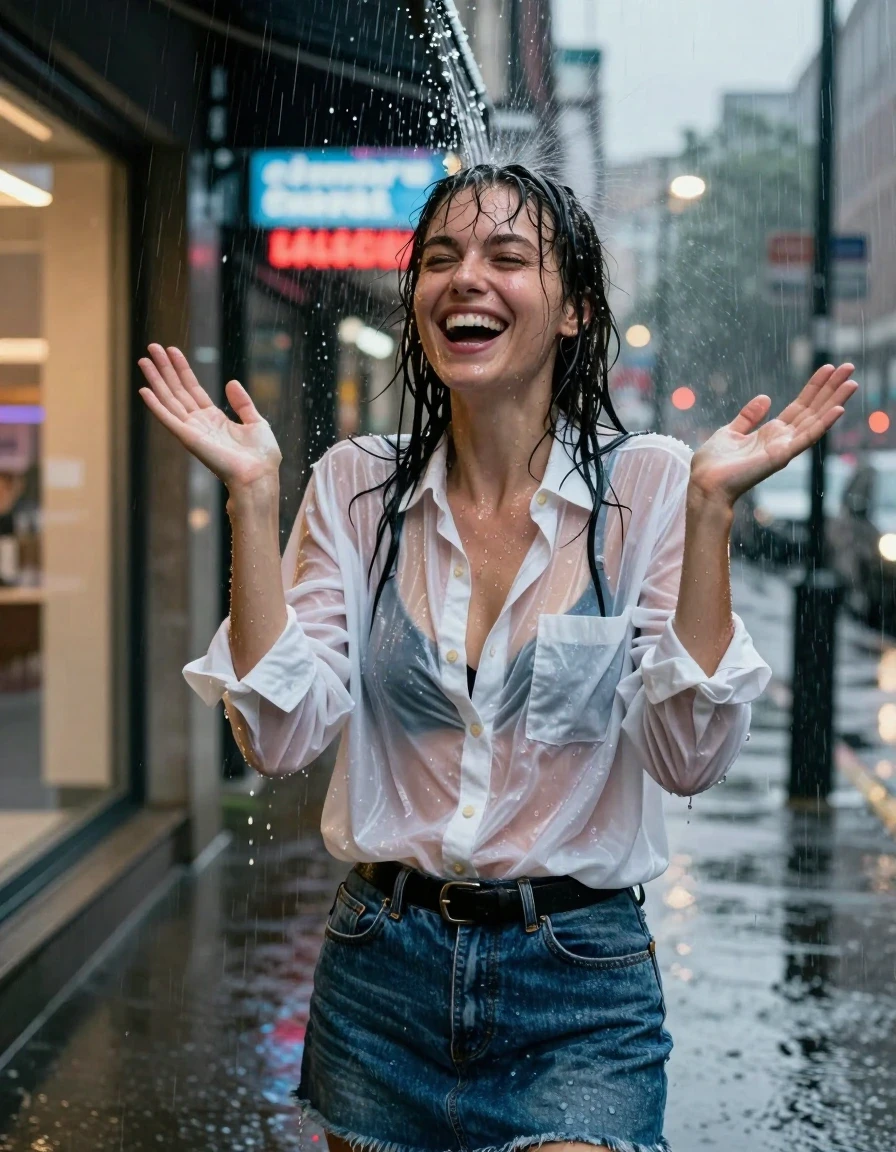 A waist-up photorealistic shot of a young adult European woman with wet, drenched hair standing on an urban sidewalk at night during a rainstorm. She is caught in a sudden, heavy deluge of water pouring directly from the edge of a store awning onto her, captured with an expression of surprised laughter and her hands raised. She is wearing a white oversized cotton button-down shirt that is heavily saturated, translucent, and clinging to her skin, revealing a black bra underneath, paired with a blue denim skirt cinched by a black leather belt. The lighting is provided by the glowing neon signs and streetlights of the background stores reflecting off the wet pavement and the woman's glistening, water-sheened skin. The fabric of her shirt is visibly soaked, darkened, and weighted with water, showing realistic folds and textures. High-contrast, cinematic rainy night atmosphere, sharp focus, 8k resolution, highly detailed skin texture, intense wetlook effect.