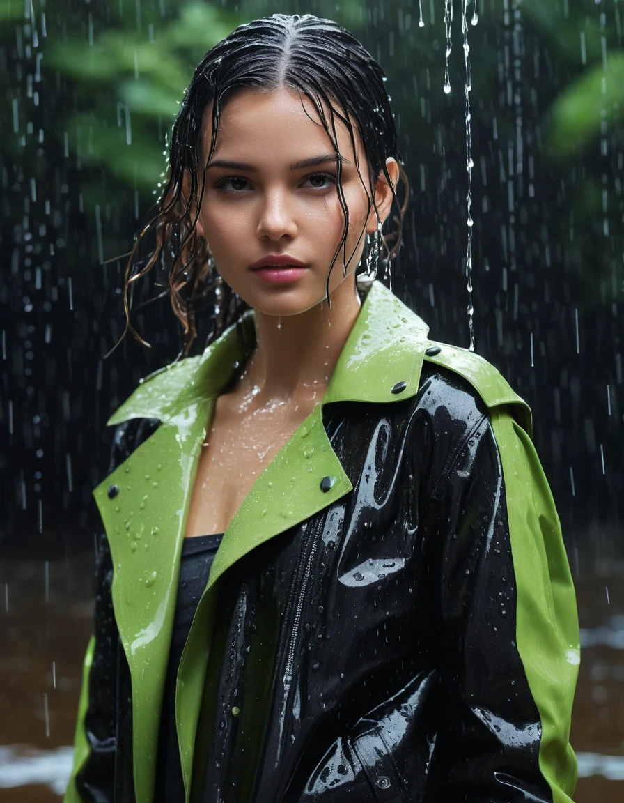 photo of young woman, in soaking wet, drenched clothes,
Black leather ankle boots, soaked and glistening , skin tight black leather jeans, saturated, water-drenched neon green oversize t-shirt, black leather jacket, saturated, black trench coat, standing in heavy rain, drenched, close up, 
enjoying, wet clothes stuck to body,
detailed textures of the wet clothes, wet face, wet plastered hair,
wet, drenched, professional, high-quality details, full body view.
sharp focus, ultra-high pixel detail, realistic, high-quality, full colors, incredibly detailed, 4k, 8k, 16k, hyper-realistic, RAW photo, masterpiece, ultra-detailed, professionally color graded, professional photograph, streaming raindrops, fabric transparency, high-contrast water cling, cinematic lighting, photorealistic, 8k, water dripping from hem, storm aftermath atmosphere, wet skin, wet clothes, damp fabric, wet skin, wet clothes, damp fabric