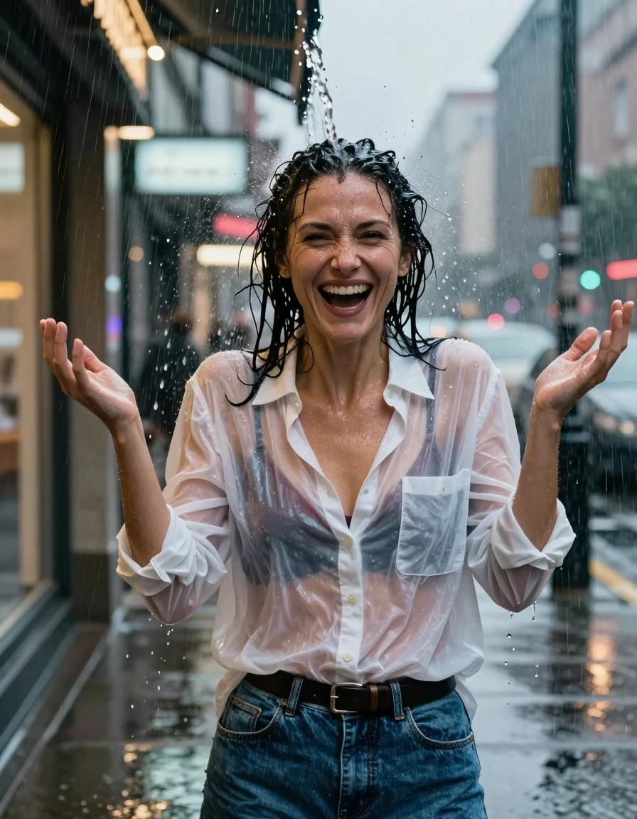 A waist-up photorealistic shot of a mid-30s brunette woman with her hair styled in a messy bun, standing on an urban sidewalk at night during a heavy downpour. She is caught in a sudden deluge of water spilling from a nearby storefront awning directly onto her head, causing her hair to be completely drenched and dripping with water. Her expression is one of surprised, genuine laughter, with her hands raised near her shoulders. She is wearing an oversized, translucent cotton button-down shirt that clings to her body due to the heavy rain, revealing a maroon bra underneath, paired with a denim skirt held by a black leather belt. The lighting is provided by the glowing neon signs and streetlights of the city reflecting off the wet pavement. The image captures the glistening wet skin, the heavy soaked texture of the fabric, and individual droplets of water cascading from her hair and clothing, high-detail cinematic photography, sharp focus, 8k resolution, realistic moisture physics.