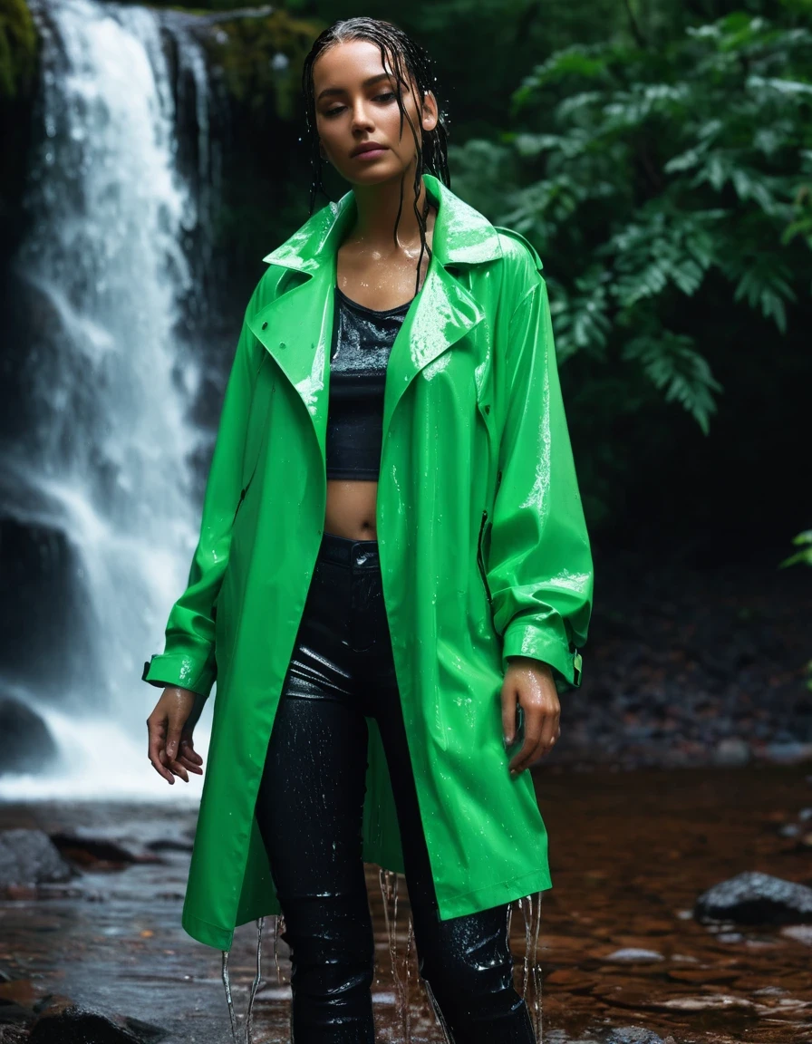 photo of young woman, in soaking wet, drenched clothes,
Black leather ankle boots, soaked and glistening , skin tight black leather jeans, saturated, water-drenched neon green oversize t-shirt, black leather jacket, saturated, black trench coat, standing in a waterfall in a forest, water pouring over, heavy rain, drenched, close up, 
enjoying, wet clothes stuck to body,
detailed textures of the wet clothes, wet face, wet plastered hair,
wet, drenched, professional, high-quality details, full body view.
sharp focus, ultra-high pixel detail, realistic, high-quality, full colors, incredibly detailed, 4k, 8k, 16k, hyper-realistic, RAW photo, masterpiece, ultra-detailed, professionally color graded, professional photograph, streaming raindrops, fabric transparency, high-contrast water cling, cinematic lighting, photorealistic, 8k, water dripping from hem, storm aftermath atmosphere, wet skin, wet clothes, damp fabric, wet skin, wet clothes, damp fabric
