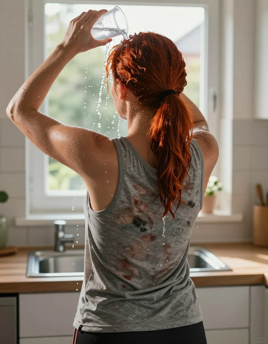 A hyper-realistic back view of a mid-30s woman with vibrant red hair styled in a ponytail, standing in a sunlit kitchen in front of a sink. She is captured in the act of cooling off on a hot day, pouring water from a plastic cup directly onto the crown of her hair. Streams of glistening water cascade down her hair and over her medium heather gray tank top, creating realistic wet patches, darkened fabric saturation, and clinging textures where the water soaks through. She is wearing black athletic shorts. The scene is illuminated by bright sunshine streaming through a nearby window, creating a high-contrast play of light on the water droplets, wet hair strands, and damp clothing. 8k resolution, cinematic lighting, photorealistic textures, water sheen, detailed skin pores, intricate fabric weave, sharp focus, professional photography.