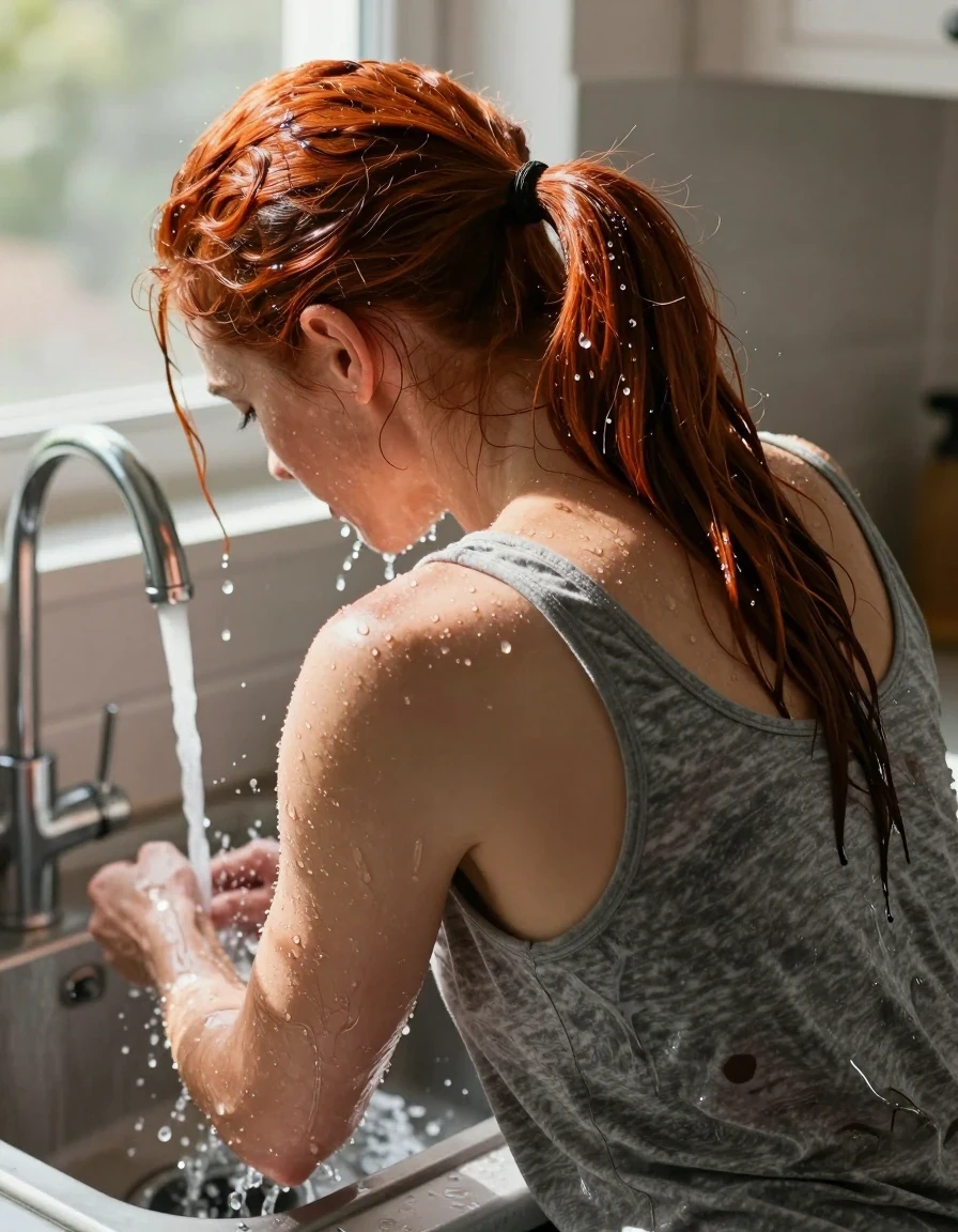Photorealistic overhead behind-the-shoulders view of a mid-30s European woman with vibrant red hair tied in a ponytail, standing in a sunlit kitchen, bent over the sink with her head leaning deep into the basin. A faucet is running, with water flowing directly onto the back of her head and ponytail, soaking her hair to create a dark, heavy, saturated texture with realistic water sheen and dripping strands. She is wearing a medium heather gray tank top that clings to her back and shoulders, showing realistic dark wet patches and heavy fabric folds where the water has splashed and soaked the material. The scene is illuminated by bright, natural sunshine streaming through a nearby window, highlighting the glistening water droplets on her skin and hair. High-detail cinematic photography, realistic textures, wet-look aesthetic, sharp focus on the interaction between water and fabric.