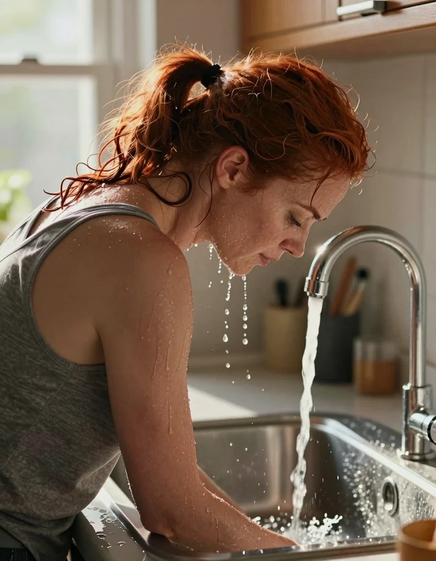 A photorealistic behind-the-shoulder view of a mid-30s European woman with vibrant red hair tied in a messy ponytail, standing in a sunlit kitchen. She is bent deeply over the stainless steel sink, with her head positioned directly under the faucet. The woman is wearing a medium heather gray tank top that is visibly soaked and clinging to her shoulders and back, with the fabric darkened and heavy from water contact. A steady stream of water flows from the faucet, drenching her hair and scalp, with rivulets of water cascading down her hair, neck, and face, splashing into the basin below. The scene is captured with sharp focus, highlighting the wet texture of the hair, the sheen of water on her skin, and the realistic folds of the saturated fabric. Warm, bright sunshine streams through a nearby window, creating natural highlights and soft shadows. High-resolution, cinematic lighting, 8k, detailed skin pores, realistic water physics.