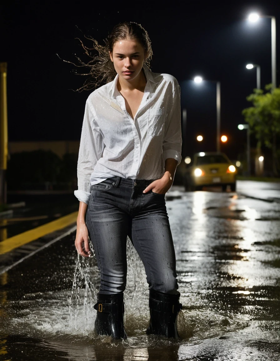 professional photo of young woman, in soaking wet, drenched clothes, wet clothes stuck to body, detailed textures of the wet clothes, wet face, wet plastered hair, wet, drenched, wet skin, damp fabric, white oversized cotton button-down shirt, translucent from saturation, damp cotton texture, wet folds, absorbed water, charcoal grey skinny denim jeans, dark saturated tone, darker wet denim, heavy fabric texture, visible seams, black rubber rain boots, glossy finish, walking, caught in a sudden shower of water from a rooftop drainpipe, surprised laughter, suburban asphalt street at night, illuminated by dim yellow streetlamps, full body view, detailed fabric texture, sharp focus, photorealistic, ultra-detailed fabric texture, realistic colors, RAW photo, professionally color graded