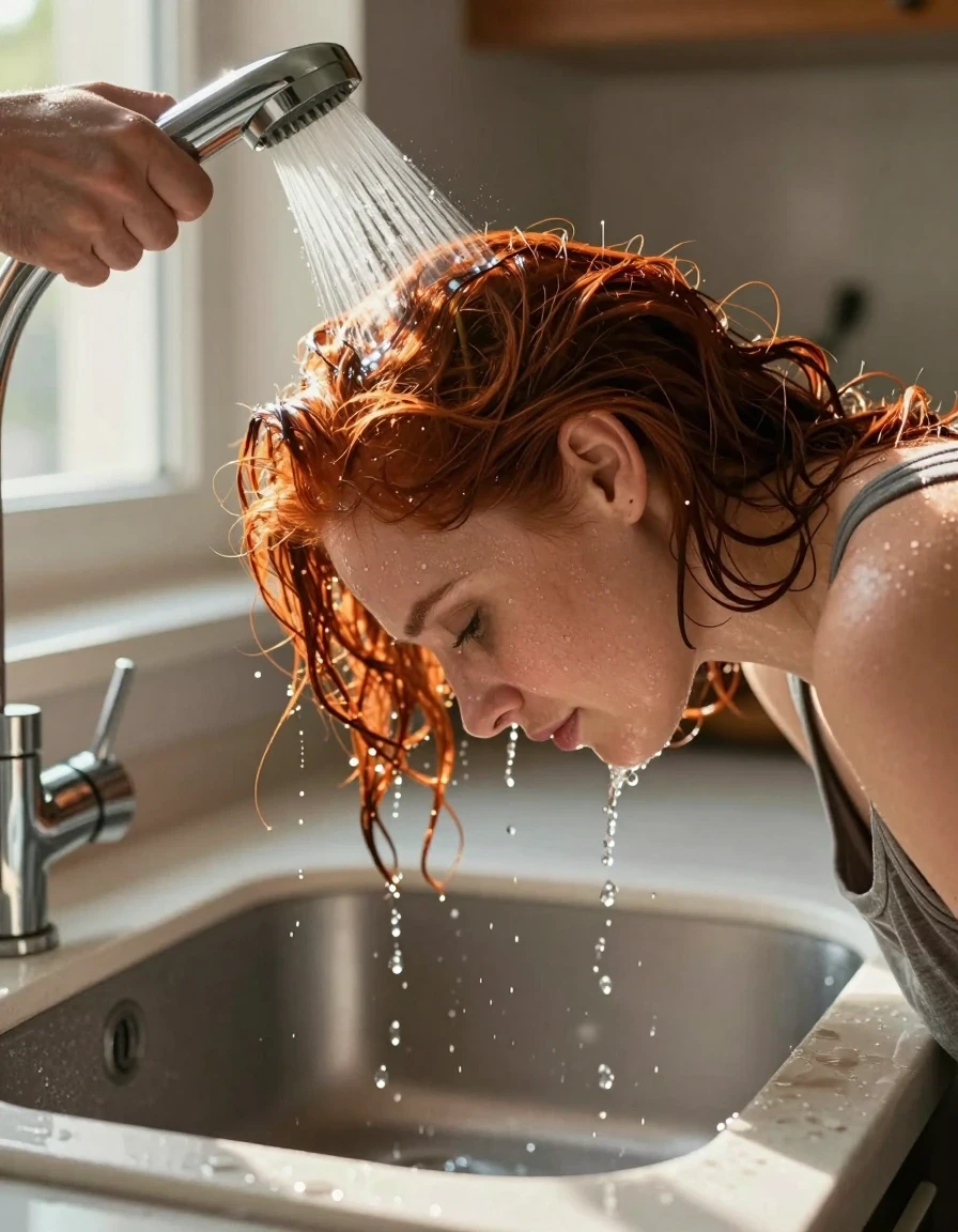 A side head-and-shoulders photorealistic shot of a mid-30’s European woman with vibrant red hair, leaning her head face down deep into a kitchen sink basin. She is wearing a medium heather gray tank top that is visibly darkened and clinging to her skin where it has become soaked by splashing water. A man’s hand enters the frame, holding a kitchen sink sprayer pointed directly at the top back of her head, with a steady stream of water cascading down her saturated, heavy hair and dripping off her strands. The woman's skin shows a realistic wet sheen and damp texture. The setting is a brightly lit kitchen with warm sunshine streaming through a nearby window, creating natural highlights on the wet hair and porcelain sink. Cinematic lighting, high-detail water droplets, realistic skin pores, professional photography, 8k resolution, sharp focus on the interaction between the water and the hair.