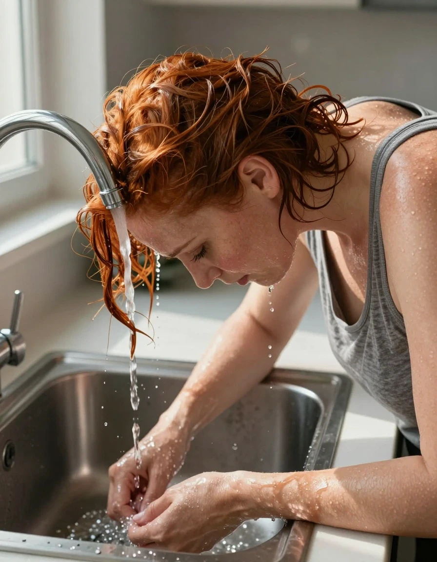 A side head-and-shoulders photographic shot of a mid-30s red-haired woman in a kitchen, leaning her head face down deep into the stainless steel sink basin. The woman is wearing a medium heather gray tank top that is visibly soaked, clinging to her skin, and darkened by water. A faucet is running, with water flowing directly onto the top back of her drenched, heavy-looking hair, creating streams that cascade over her hair and face before dripping into the sink. The scene is illuminated by bright sunshine streaming through a nearby window, creating a realistic water sheen on her wet skin and hair. High-detail textures, photorealistic wetness, cinematic lighting, sharp focus on the water flow and the saturated fabric of the tank top.