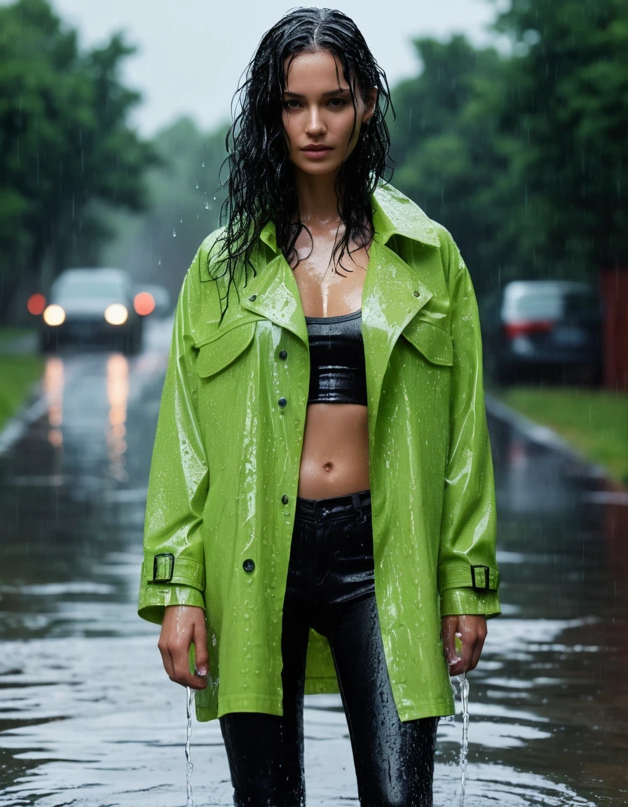 photo of young woman, in soaking wet, drenched clothes,
Black leather ankle boots, soaked and glistening , skin tight black leather jeans, saturated, water-drenched neon green oversize t-shirt, black leather jacket, saturated, black trench coat, standing in heavy rain, drenched, close up, 
enjoying, wet clothes stuck to body,
detailed textures of the wet clothes, wet face, wet plastered hair,
wet, drenched, professional, high-quality details, full body view.
sharp focus, ultra-high pixel detail, realistic, high-quality, full colors, incredibly detailed, 4k, 8k, 16k, hyper-realistic, RAW photo, masterpiece, ultra-detailed, professionally color graded, professional photograph, streaming raindrops, fabric transparency, high-contrast water cling, cinematic lighting, photorealistic, 8k, water dripping from hem, storm aftermath atmosphere, wet skin, wet clothes, damp fabric, wet skin, wet clothes, damp fabric