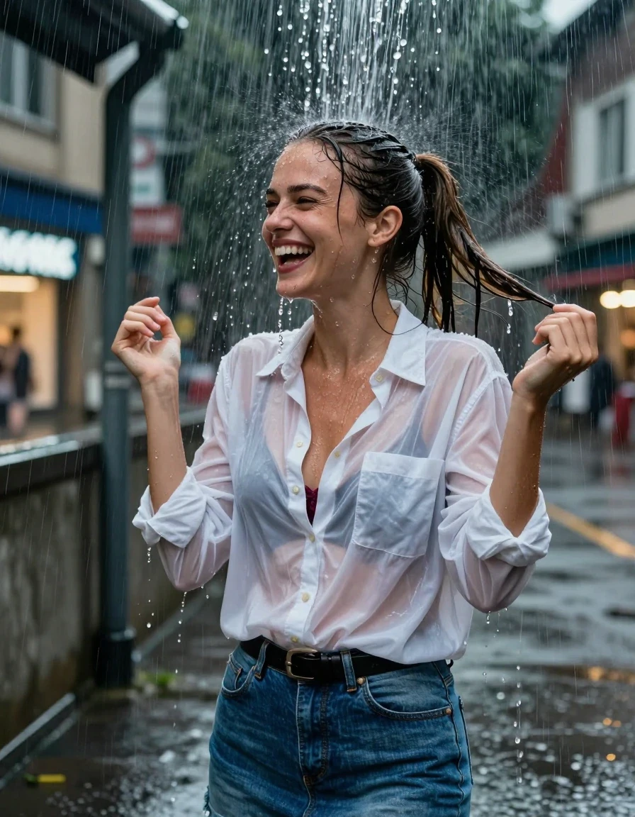 A photorealistic waist-up shot of a young adult European woman with brunette hair tied in a sleek ponytail, standing under a heavy deluge of water pouring from a rooftop drainpipe. Her hair is completely drenched, with water droplets and streams cascading off her ponytail and face. She is captured in a moment of pure joy, laughing with her head turned slightly to the side and hands raised in the air. She wears a white oversized cotton button-down shirt, rendered translucent and heavy from the intense saturation of the downpour, clinging to her skin and revealing a burgundy bra underneath. She wears a blue denim skirt cinched with a black leather belt. The scene is set on an urban sidewalk at night during a rainstorm, with blurred city store lights glowing in the background. The lighting is moody and cinematic, highlighting the water sheen on her skin, the dark, soaked texture of the fabric, and the glistening wetness of her hair. High-resolution, 8k, sharp focus, hyper-realistic wet-look photography.