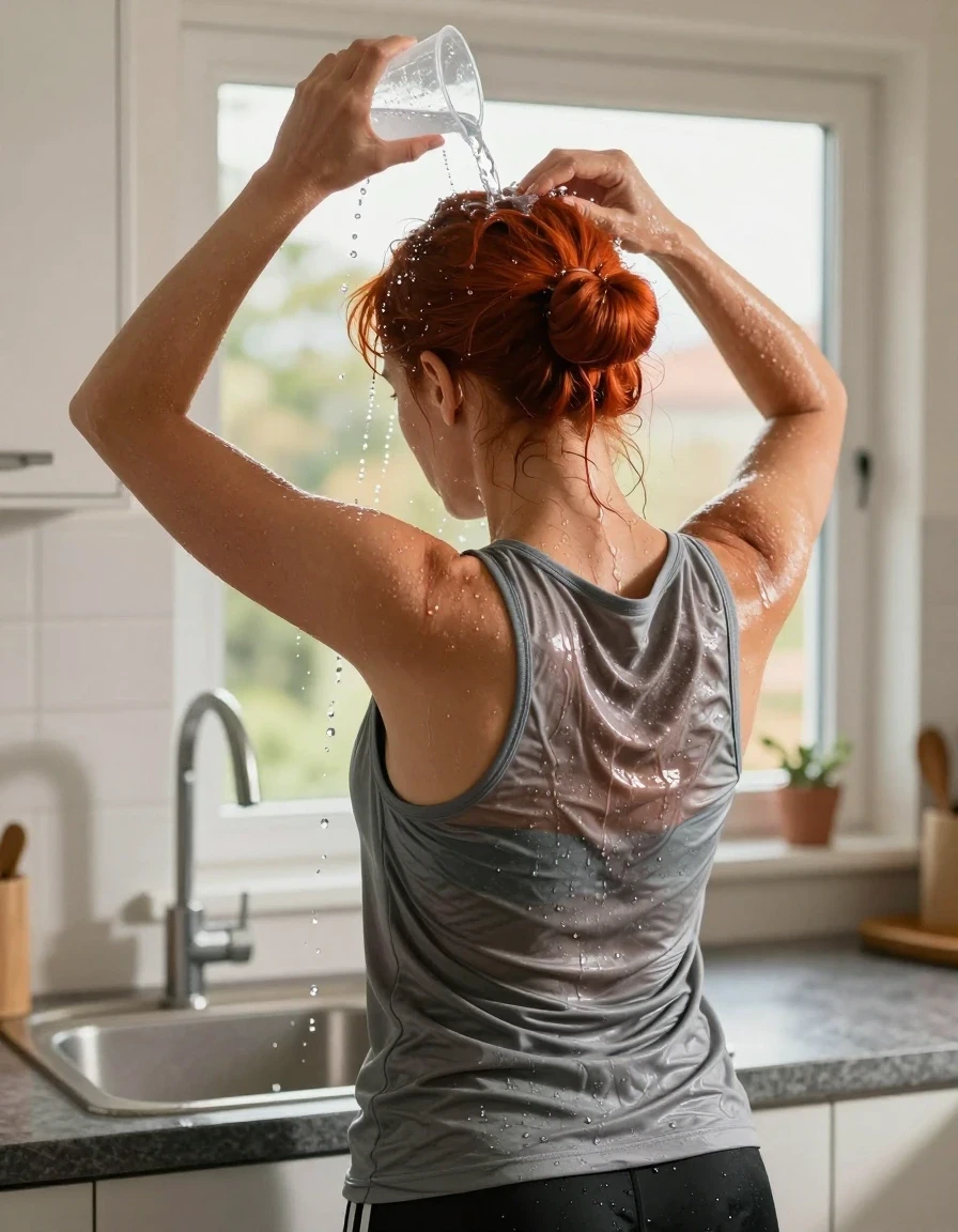 A photorealistic back-view of a mid-30s woman with vibrant red hair styled in a neat bun, standing in a sunlit kitchen in front of a sink. She is wearing a medium gray tank top and black athletic shorts. An intense, realistic action shot shows her pouring water from a plastic cup directly onto the crown of her head; clear streams of water cascade down her hair and over her shoulders, creating a distinct wet sheen on her skin and hair. The water saturates her gray tank top, causing the fabric to darken, cling to her back, and show heavy, realistic wet texture and folds where the liquid has soaked through. Bright, warm sunshine streams through a nearby window, highlighting the droplets and the glistening wet surfaces. High-resolution, cinematic lighting, 8k, detailed skin pores, realistic water physics, sharp focus on the wet fabric and cascading water.