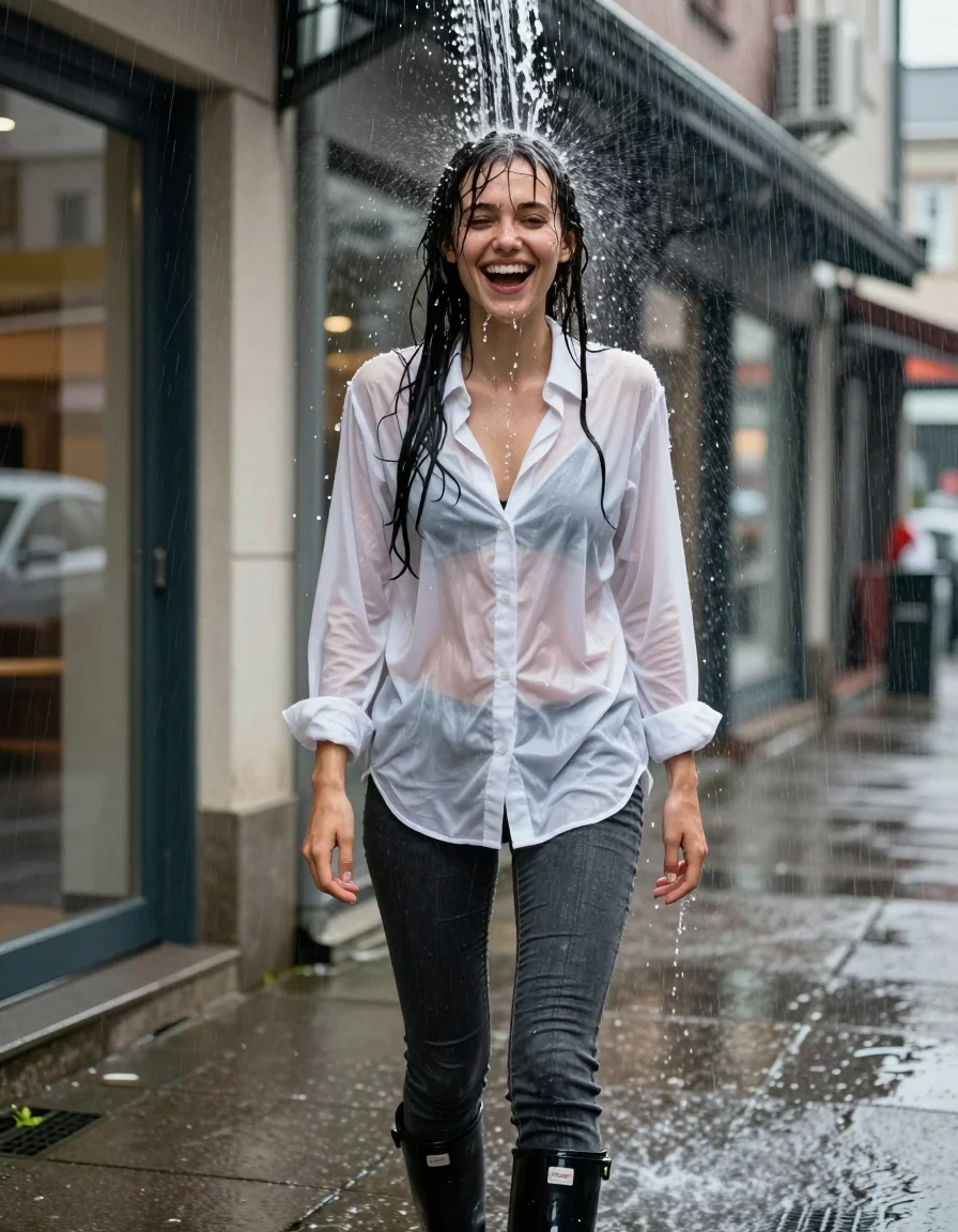A high-detail waist-up photograph of a young adult European woman standing on an urban sidewalk in front of storefronts, caught in a sudden, heavy deluge of water pouring from a rooftop drainpipe directly onto her head. Her hair is completely drenched, dark, and plastered to her face and shoulders, with water droplets spraying and streams running down her skin. She is wearing a white oversized cotton button-down shirt that is heavily saturated and translucent, revealing a black bra underneath, with the fabric clinging to her body. She has an expression of surprised laughter. She is wearing charcoal grey skinny denim jeans, dark and saturated from the water, and black rubber rain boots with a high-gloss, wet finish. The scene features realistic wet textures, fabric weight, and water sheen, with natural urban daylight, shallow depth of field, sharp focus on the subject, 8k resolution, cinematic lighting.