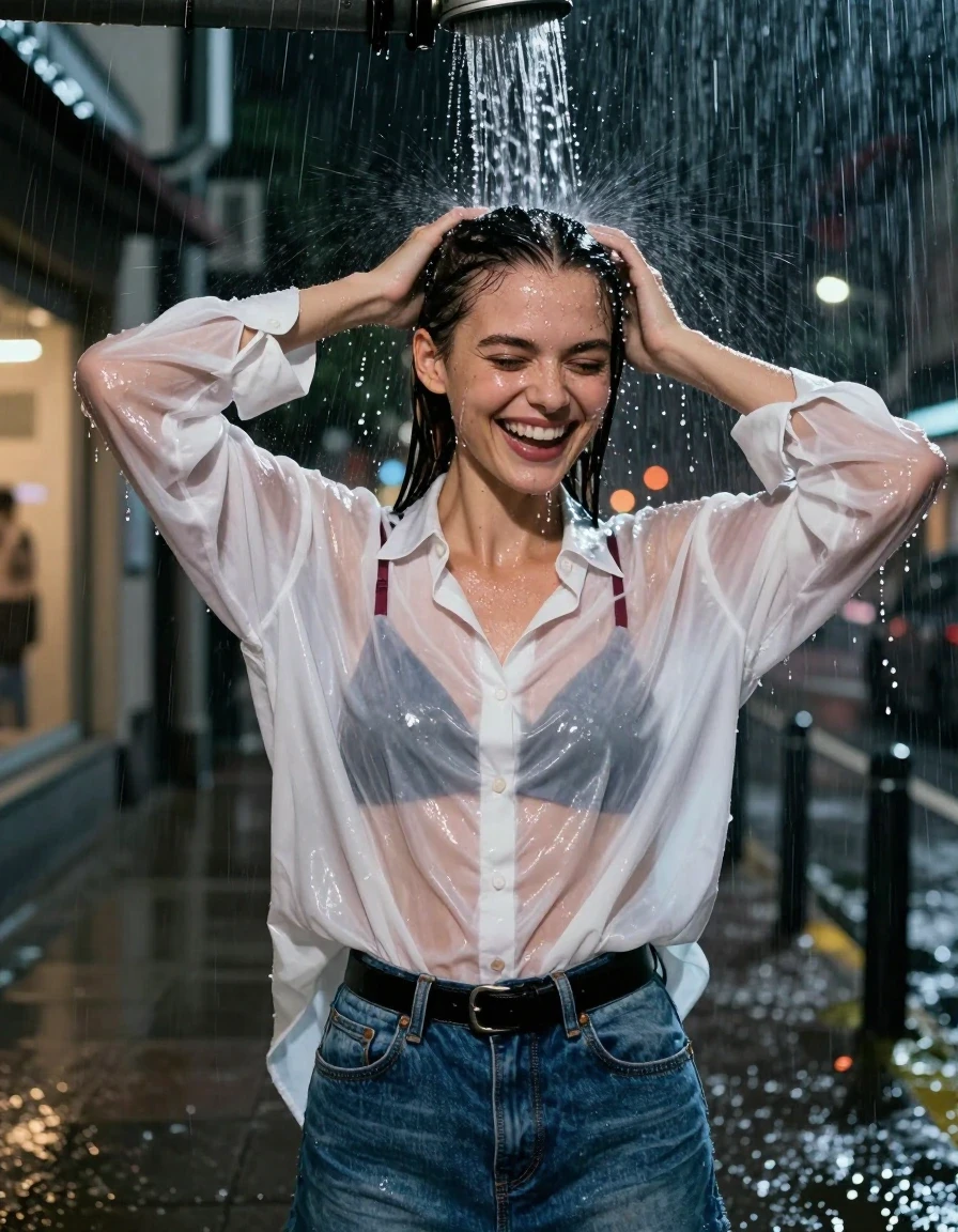 A photorealistic waist-up shot of a young adult European woman with brunette hair tied in a sleek ponytail, standing under a heavy deluge of water pouring directly from a rooftop drainpipe onto her head. She is laughing with her hands raised, her head turned slightly to the side, capturing water droplets and rivulets cascading off her slicked hair and skin. She wears an oversized white cotton button-down shirt that is heavily saturated and translucent from the downpour, clinging to her body and revealing a dark burgundy bra underneath. She is also wearing a blue denim skirt cinched with a black leather belt. The scene is set on an urban sidewalk at night during a rainstorm, with blurred city store lights glowing in the background. The fabric is visibly soaked, heavy, and dark, with realistic wet textures, clinging folds, and a high-sheen water finish. Cinematic lighting, sharp focus on the subject, water droplets suspended in mid-air, high-contrast night photography, 8k resolution, hyper-detailed skin and fabric textures.