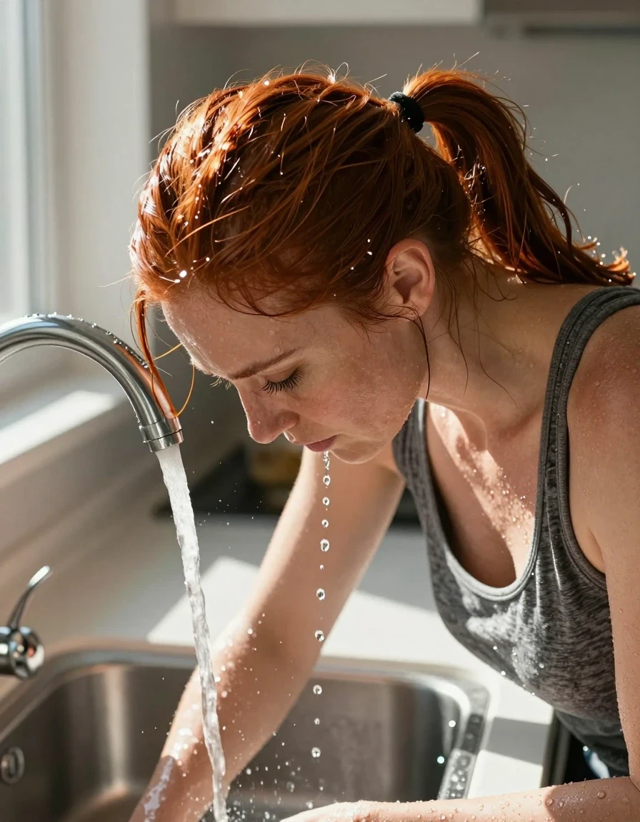 An overhead head-and-shoulders photorealistic shot of a mid-30s European woman with vibrant red hair tied back in a ponytail, cooling off in a sunlit kitchen. She is bent over the sink, leaning deep into the basin with her head positioned directly under the faucet. A steady stream of water flows from the faucet onto the back of her head, causing her dry hair to become partially wet, with realistic glistening water streams tracking through the strands and soaking the hair texture. She is wearing a medium heather gray tank top, the fabric darkening and clinging slightly to her shoulders where stray droplets have landed. The scene is brightly lit by natural sunshine streaming through a nearby window, creating a high-contrast sheen on her wet hair and skin. Sharp focus, 8k resolution, cinematic lighting, realistic water physics, detailed skin texture, professional photography.