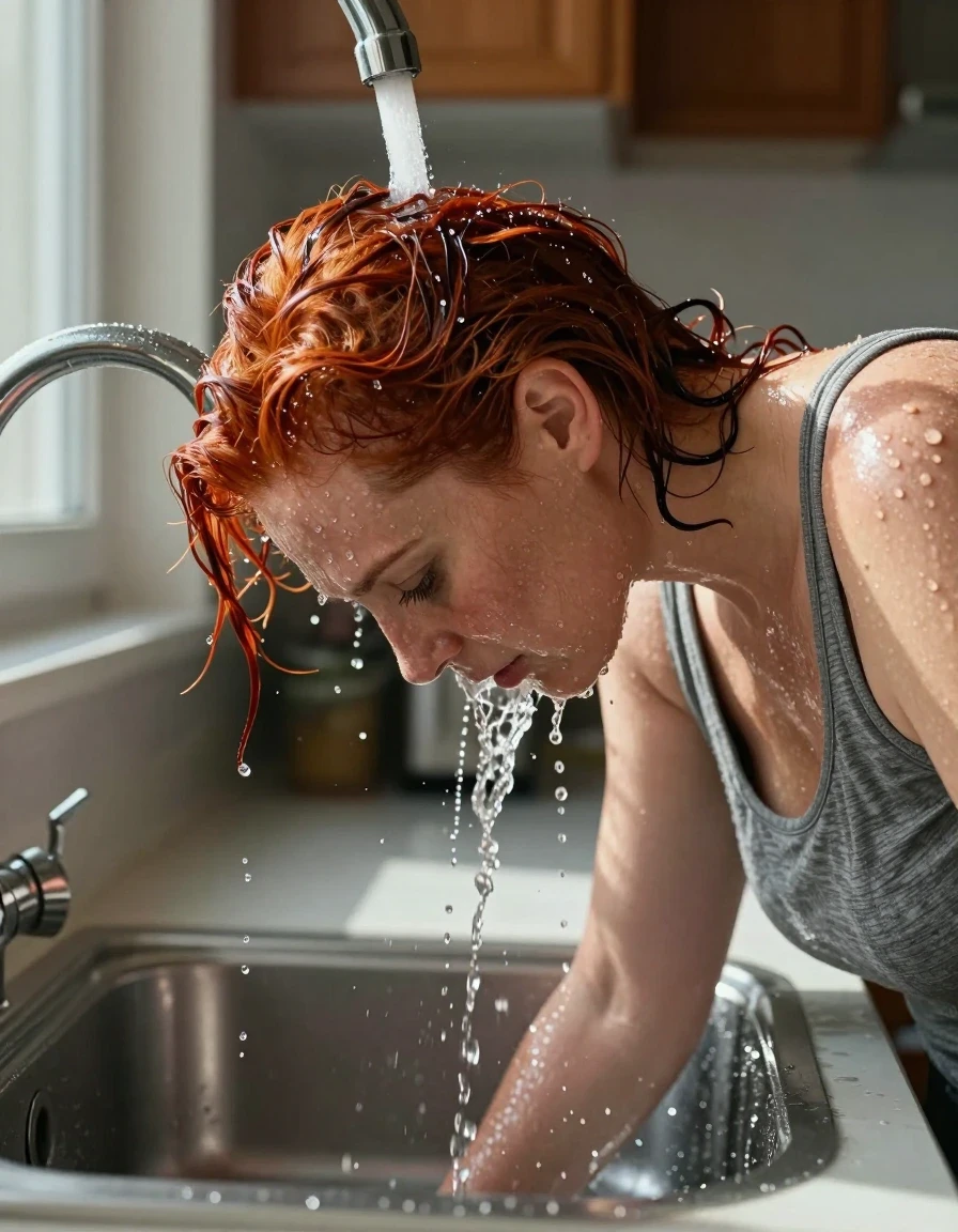 A photorealistic side head-and-shoulders view of a mid-30s European woman with vibrant red hair, wearing a medium heather gray tank top that is visibly darkened and clinging to her skin due to moisture. She is positioned in a kitchen, leaning her head face down deep into a sink basin. Her head is fully centered directly under a running faucet, with a steady stream of water pouring onto the back of her head. Her hair is saturated, heavy, and dripping, with visible streams of water running over her hair and face, falling into the sink. The fabric of the tank top shows realistic wet texture and deep gray saturation. The scene is illuminated by bright, natural sunshine streaming through a nearby window, creating a high-contrast sheen on her wet skin and the cascading water. Sharp focus, 8k resolution, cinematic lighting, highly detailed water droplets and skin pores, authentic kitchen environment.