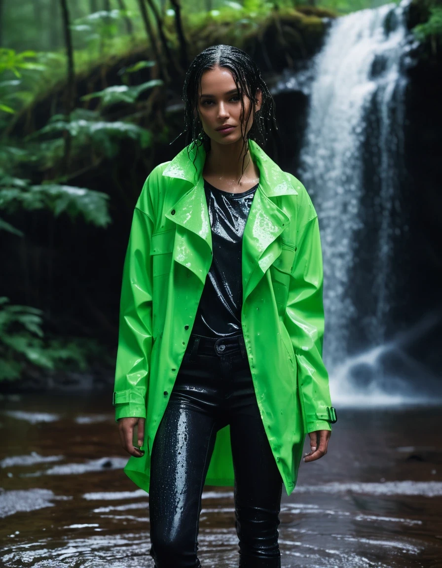 photo of young woman, in soaking wet, drenched clothes,
Black leather ankle boots, soaked and glistening , skin tight black leather jeans, saturated, water-drenched neon green oversize t-shirt, black leather jacket, saturated, black trench coat, standing in a waterfall in a forest, water pouring over, heavy rain, drenched, close up, 
enjoying, wet clothes stuck to body,
detailed textures of the wet clothes, wet face, wet plastered hair,
wet, drenched, professional, high-quality details, full body view.
sharp focus, ultra-high pixel detail, realistic, high-quality, full colors, incredibly detailed, 4k, 8k, 16k, hyper-realistic, RAW photo, masterpiece, ultra-detailed, professionally color graded, professional photograph, streaming raindrops, fabric transparency, high-contrast water cling, cinematic lighting, photorealistic, 8k, water dripping from hem, storm aftermath atmosphere, wet skin, wet clothes, damp fabric, wet skin, wet clothes, damp fabric