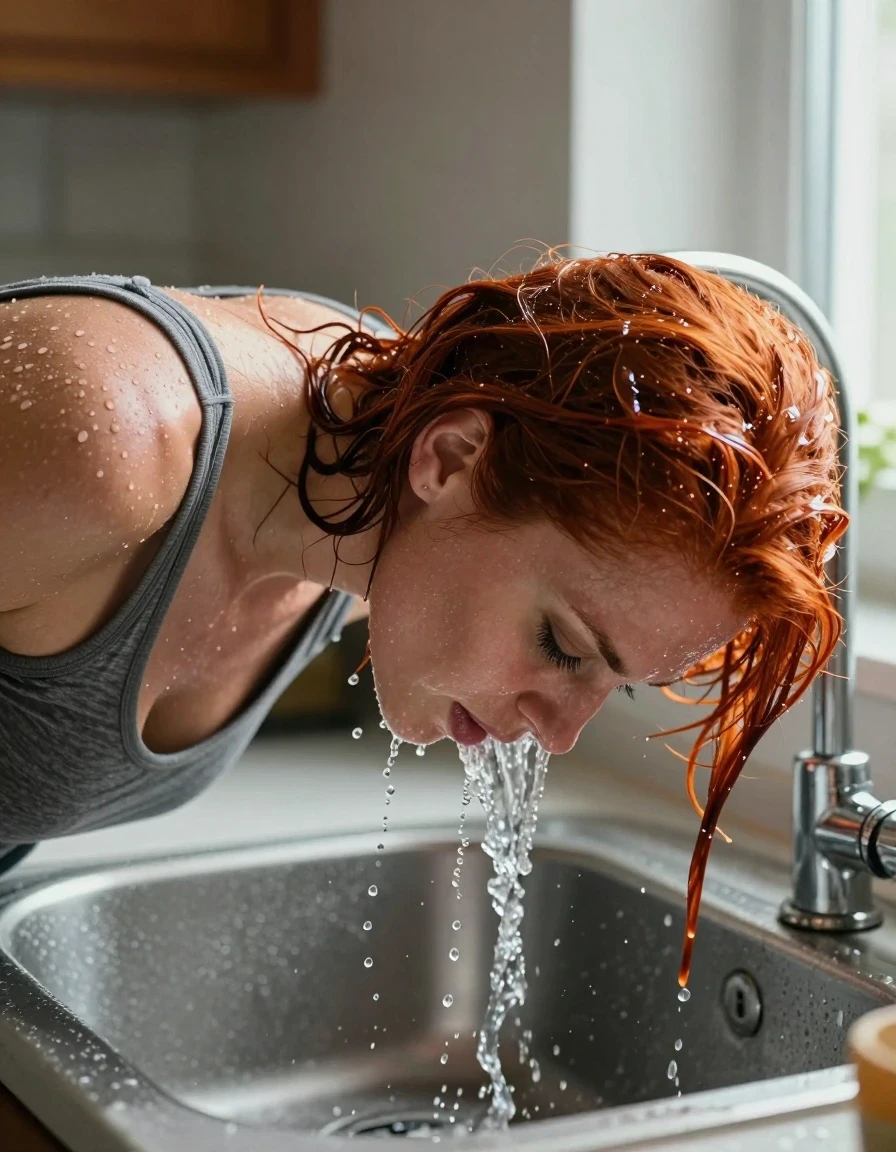 A side head-and-shoulders photorealistic shot of a mid-30s European woman with vibrant red hair, wearing a medium heather gray tank top. The woman is leaning head-first deep into a kitchen sink basin, with her head centered directly under a running faucet. A steady stream of water pours from the tap, hitting the top back of her neck and drenching her hair. The water cascades over her face and hair, creating a realistic wet look with glistening droplets, clinging strands, and a heavy, soaked texture. Her tank top is dark, wet, and clinging to her skin where the water splashes. The scene is set in a sunlit kitchen with bright sunshine streaming through a nearby window, illuminating the water droplets and creating a natural sheen on her wet skin. High-detail photography, sharp focus on the water flow and wet textures, cinematic lighting, 8k resolution.