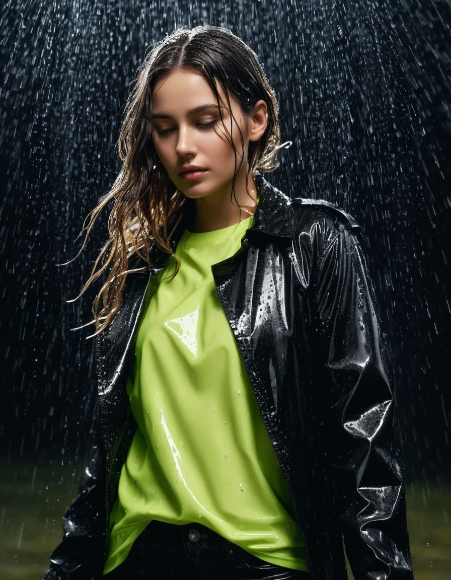 photo of young woman, in soaking wet, drenched clothes,
Black leather ankle boots, soaked and glistening , skin tight black leather jeans, saturated, water-drenched neon green oversize t-shirt, black leather jacket, saturated, black trench coat, standing in heavy rain, drenched, close up, 
enjoying, wet clothes stuck to body,
detailed textures of the wet clothes, wet face, wet plastered hair,
wet, drenched, professional, high-quality details, full body view.
sharp focus, ultra-high pixel detail, realistic, high-quality, full colors, incredibly detailed, 4k, 8k, 16k, hyper-realistic, RAW photo, masterpiece, ultra-detailed, professionally color graded, professional photograph, streaming raindrops, fabric transparency, high-contrast water cling, cinematic lighting, photorealistic, 8k, water dripping from hem, storm aftermath atmosphere, wet skin, wet clothes, damp fabric, wet skin, wet clothes, damp fabric