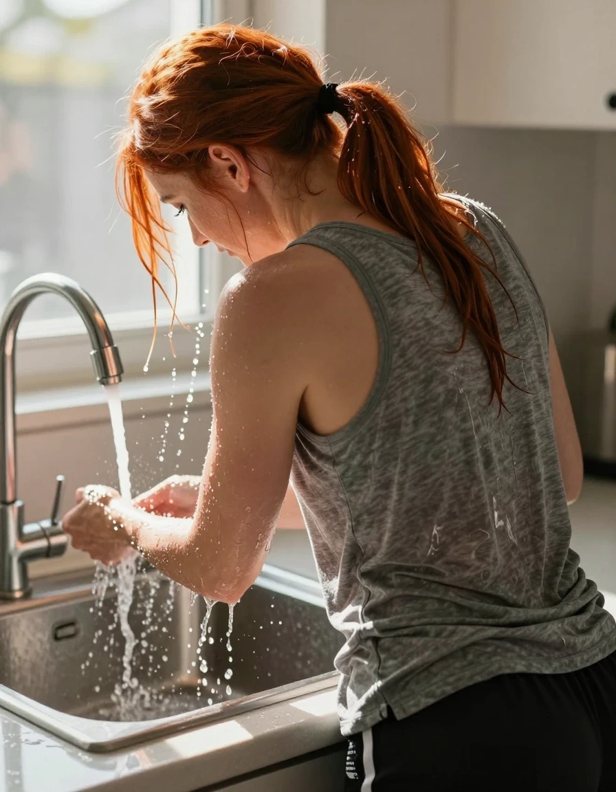 An overhead back-view, photorealistic shot of a mid-30s European woman with vibrant red hair tied in a ponytail, leaning forward with her head fully under a kitchen faucet. Water flows directly from the tap, cascading over her hair and down onto her back, creating realistic wet strands and a heavy, saturated appearance. She is wearing a medium heather gray tank top over black athletic shorts; the water soaks through the gray fabric, causing it to darken, cling to her skin, and exhibit wet-look texture and transparency where saturated. She is standing in a sunlit kitchen in front of a sink, with bright, warm sunshine streaming through a nearby window, creating a high-contrast rim light on her hair and shoulders, highlighting the glistening water droplets and the sheen on her damp skin. The scene is captured with sharp photographic detail, focusing on the physics of the water, the texture of the soaked fabric, and the cooling sensation of the moment.