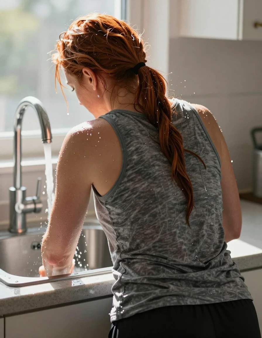 Photorealistic overhead shoulders-up back view of a mid-30s European woman with red hair styled in a ponytail. She is wearing a medium heather gray tank top and black athletic shorts, standing in a kitchen in front of a sink. She is bent over, leaning into the basin with her head positioned directly under the faucet. A steady stream of water flows from the faucet onto the back of her hair, creating realistic wetness, dark saturated strands, and water sheen. The water cascades over her hair and down her back, soaking the medium heather gray tank top, causing the fabric to darken, cling to her skin, and exhibit heavy wet texture. Bright sunshine streams through a nearby window, illuminating the water droplets and the wet sheen on her hair and shoulders. High-detail photography, sharp focus on the interaction between water and fabric, cinematic lighting, realistic wet-look textures.