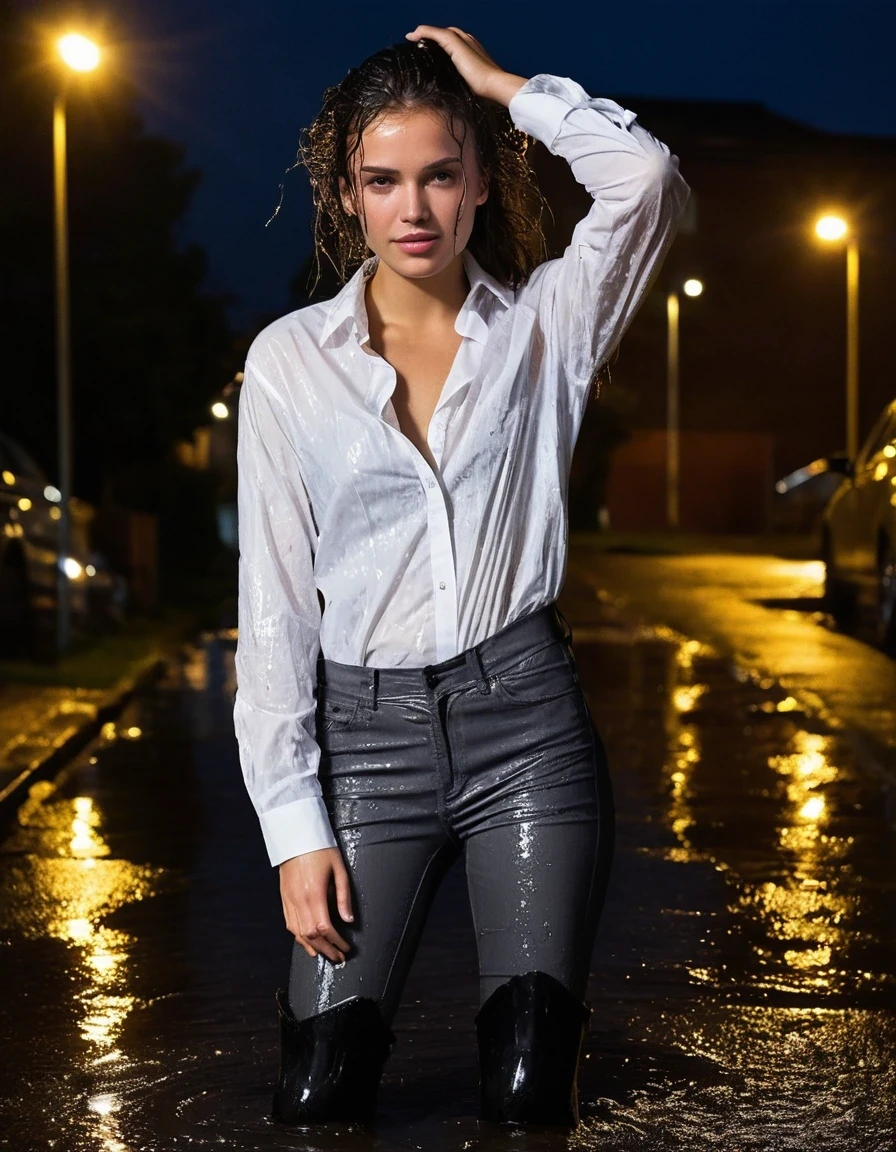professional photo of young woman, in soaking wet, drenched clothes, wet clothes stuck to body, detailed textures of the wet clothes, wet face, wet plastered hair, wet, drenched, wet skin, damp fabric, wearing a white oversized cotton button-down shirt, translucent from saturation with damp cotton texture and wet folds, charcoal grey skinny denim jeans with dark saturated tone, heavy fabric texture and visible seams, black rubber rain boots with glossy finish, standing in a sudden burst of water from a rooftop drainpipe directly over her drenched hair, surprised laughter, suburban asphalt street at night, illuminated by dim yellow streetlamps, full body view, sharp focus, photorealistic, ultra-detailed fabric texture, realistic colors, RAW photo, professionally color graded