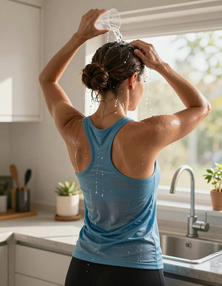 A hyper-realistic back view of a mid-30s European woman with brunette hair styled in a neat bun, standing in a sunlit kitchen in front of a sink. She is wearing a light blue tank top and black athletic shorts. She is cooling off on a hot day, captured in the act of pouring water from a plastic cup directly onto the crown of her hair. Streams of clear water are cascading down her hair and over her shoulders, creating visible wetness, glistening droplets, and a dark, soaked texture on the fabric of her tank top where the water clings and saturates the material. The kitchen is illuminated by bright, warm sunshine streaming through a nearby window, highlighting the translucency of the water streams and the wet sheen on her skin and hair. The composition is a sharp, detailed medium shot focusing on the interaction between the water and her clothing, emphasizing the contrast between the dry and wet sections of the fabric. High-resolution photography, 8k, cinematic lighting, realistic textures, water physics.